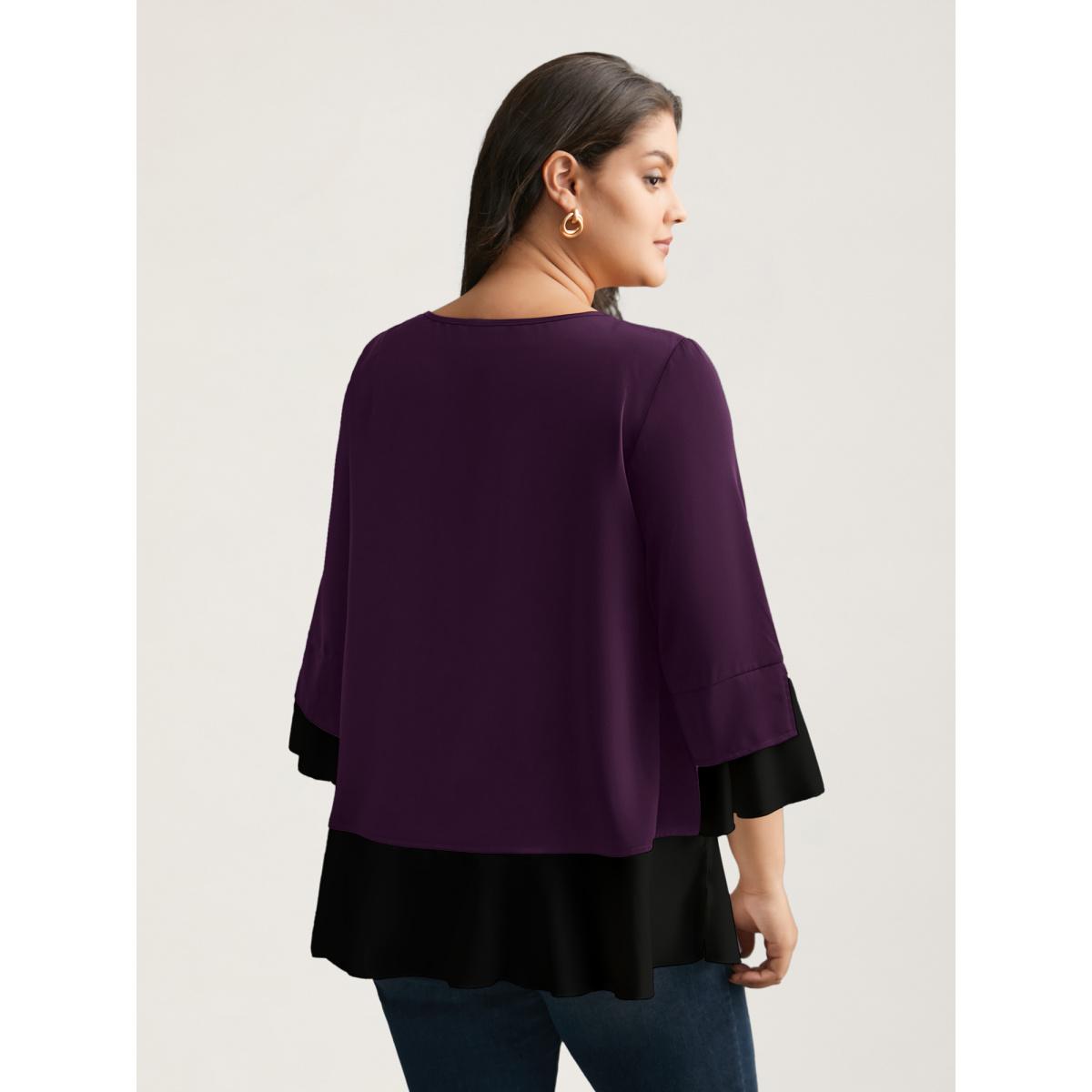Plus Size Deeppurplered Contrast Patchwork Bell Sleeve Blouse Women Elegant Elbow-length sleeve Round Neck Everyday Blouses BloomChic 18-20/2X Product Image