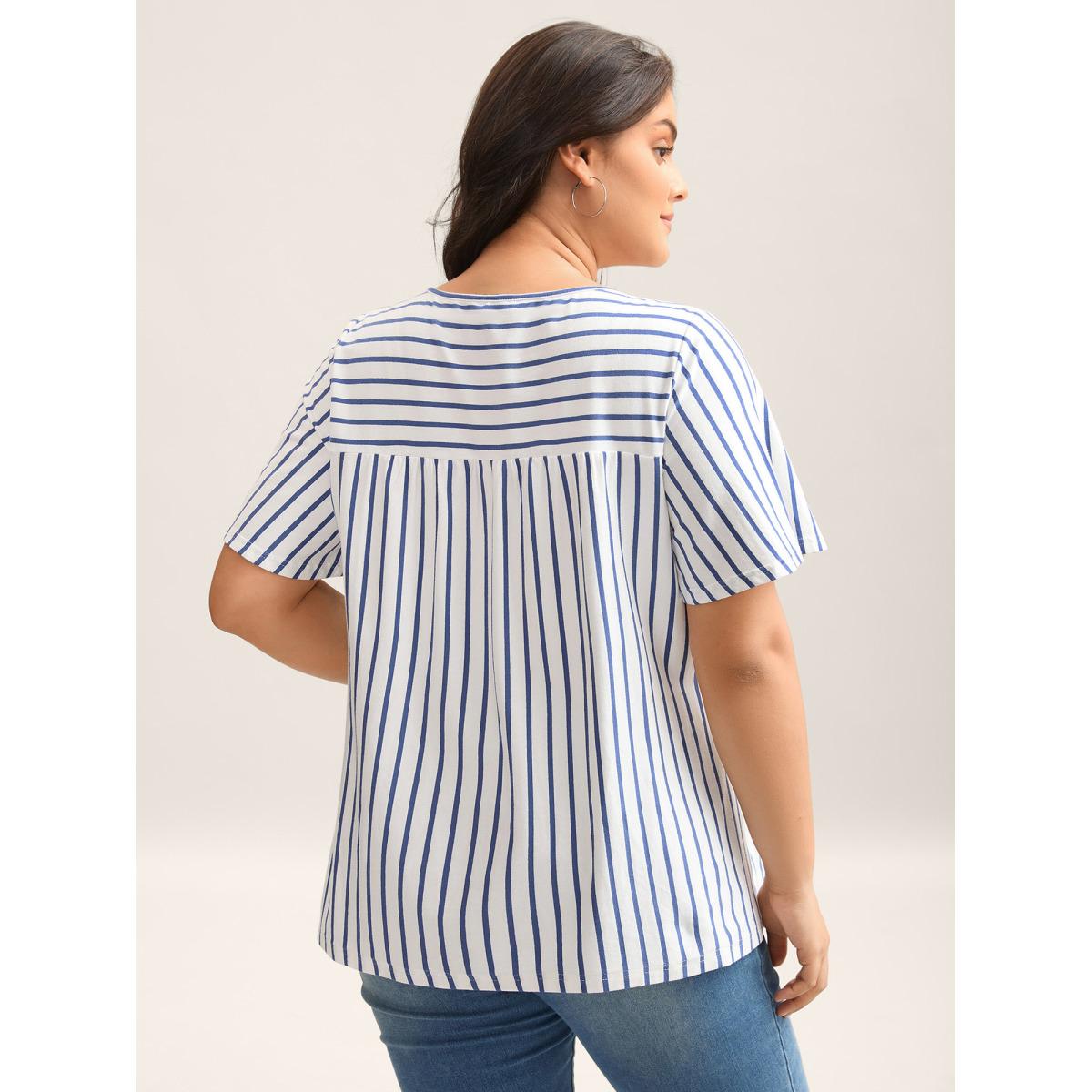 Plus Size Stripes Everywhere Round Neck T-Shirt DarkBlue Women Gathered Round Neck Everyday-Casual T-shirts BloomChic 28/5X Product Image