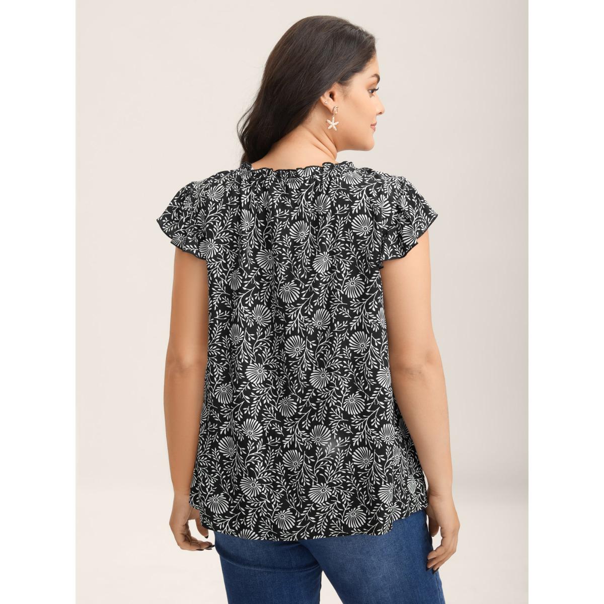 Plus Size Black Floral Print Ruffled Neck Blouse Women Cap Sleeve Mock Neck Vacation Blouses BloomChic 12/L Product Image