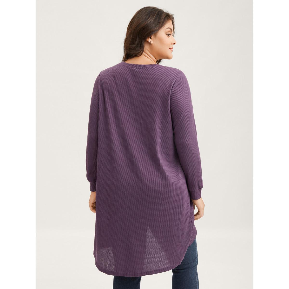 Plus Size Solid Waffle Knit Overlap Hem T-shirt Eggplant Women Leisure Overlapping Round Neck Casual T-shirts BloomChic 22-24/3X Product Image