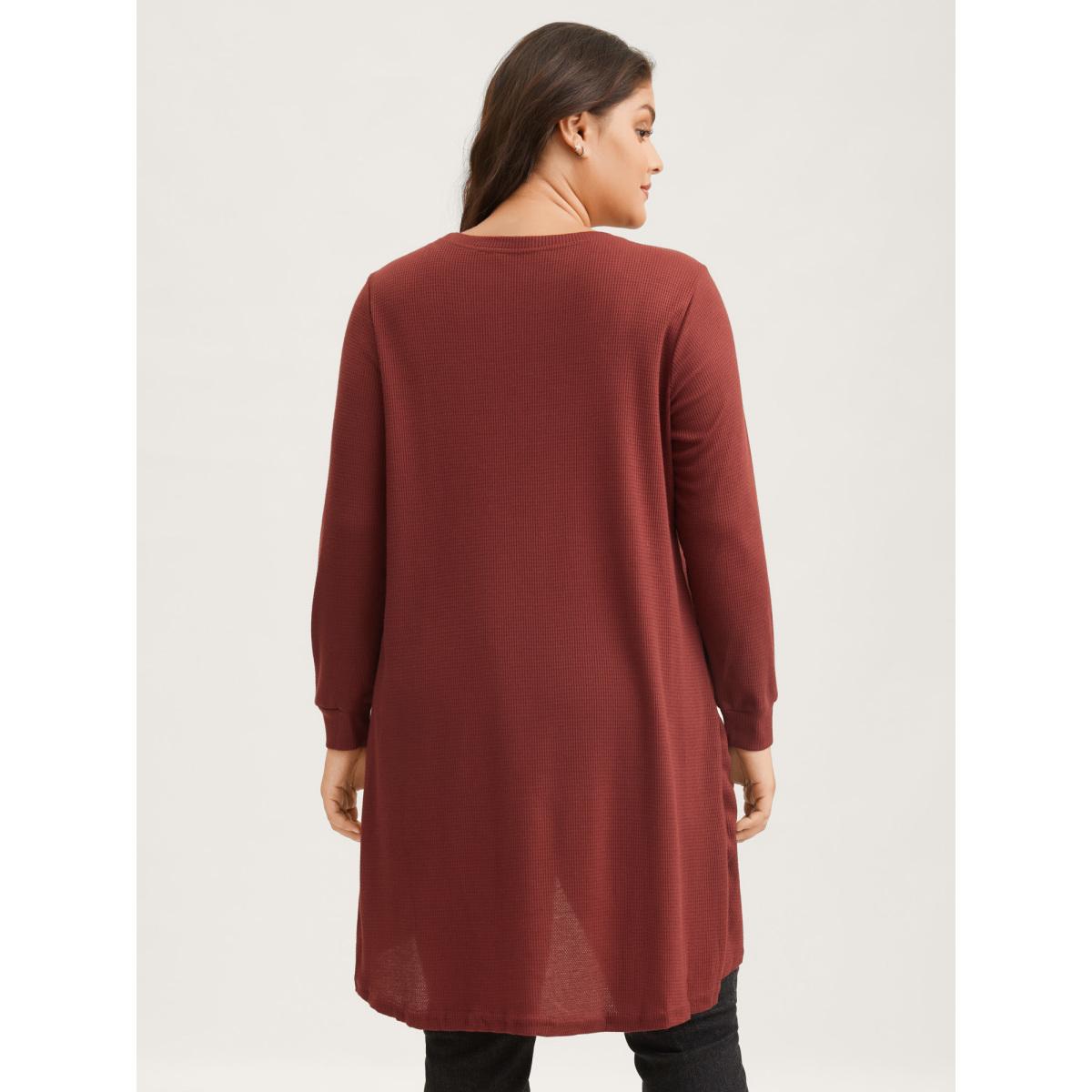 Plus Size Solid Waffle Knit Overlap Hem T-shirt Rust Women Leisure Overlapping Round Neck Casual T-shirts BloomChic 26/4X Product Image