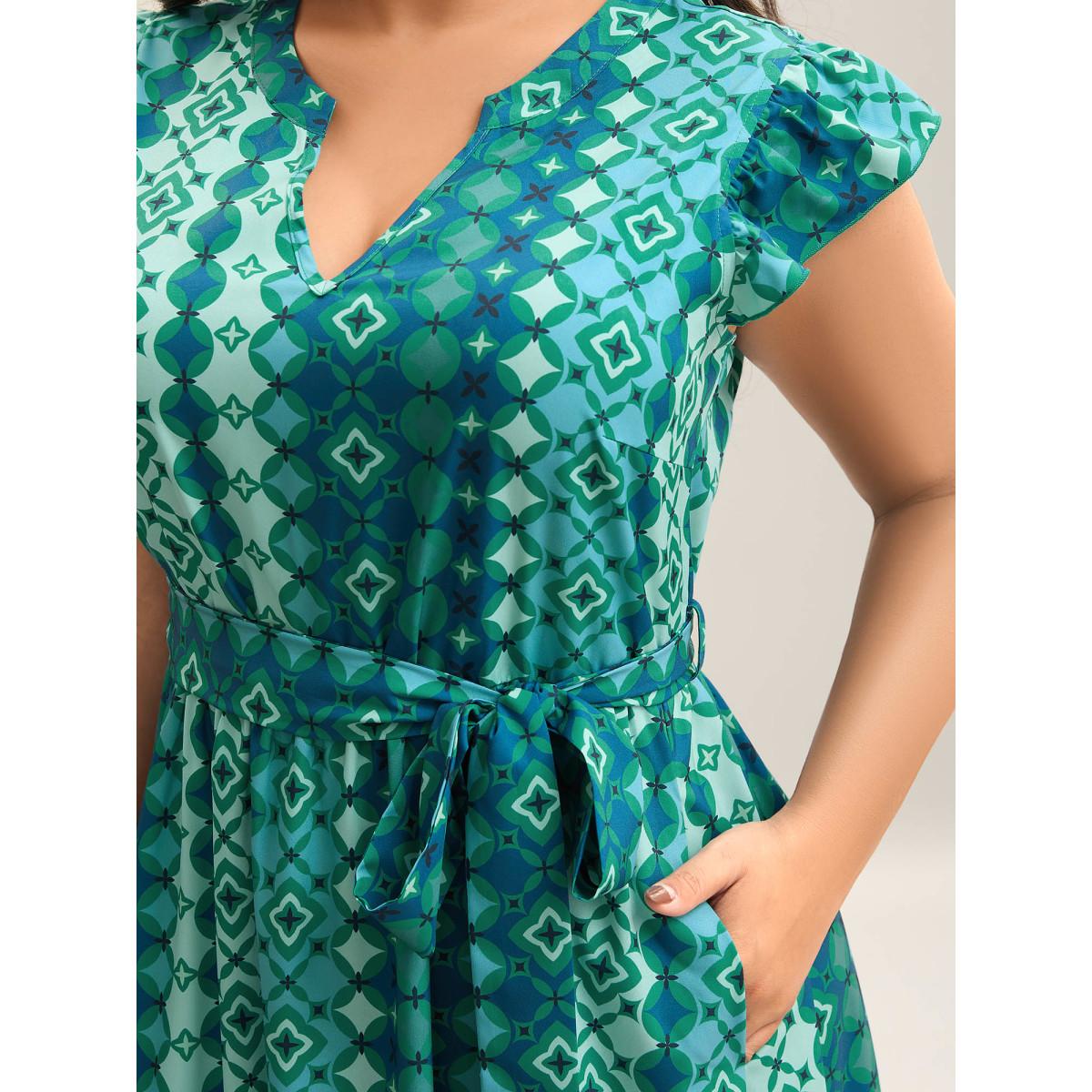 Plus Size Boho Vacation Print Belted Notched Midi Dress Emerald Women Ruffles Notched collar Cap Sleeve Curvy BloomChic 22-24/3X Product Image