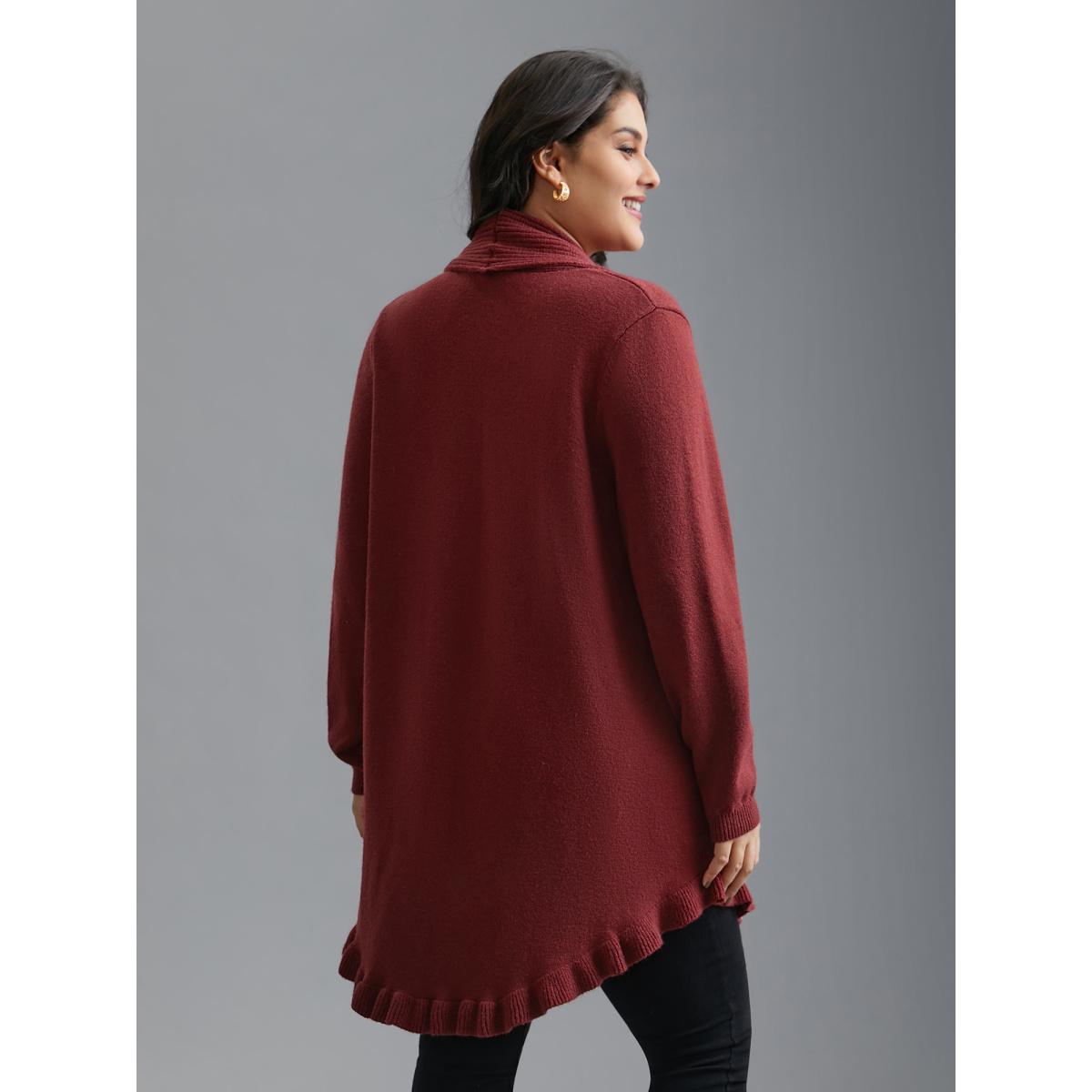 Plus Size Kimono Collar Texture Knit Ruffle Hem Cardigan Deepred Women Casual Loose Long Sleeve Everyday Cardigans BloomChic 28/5X Product Image