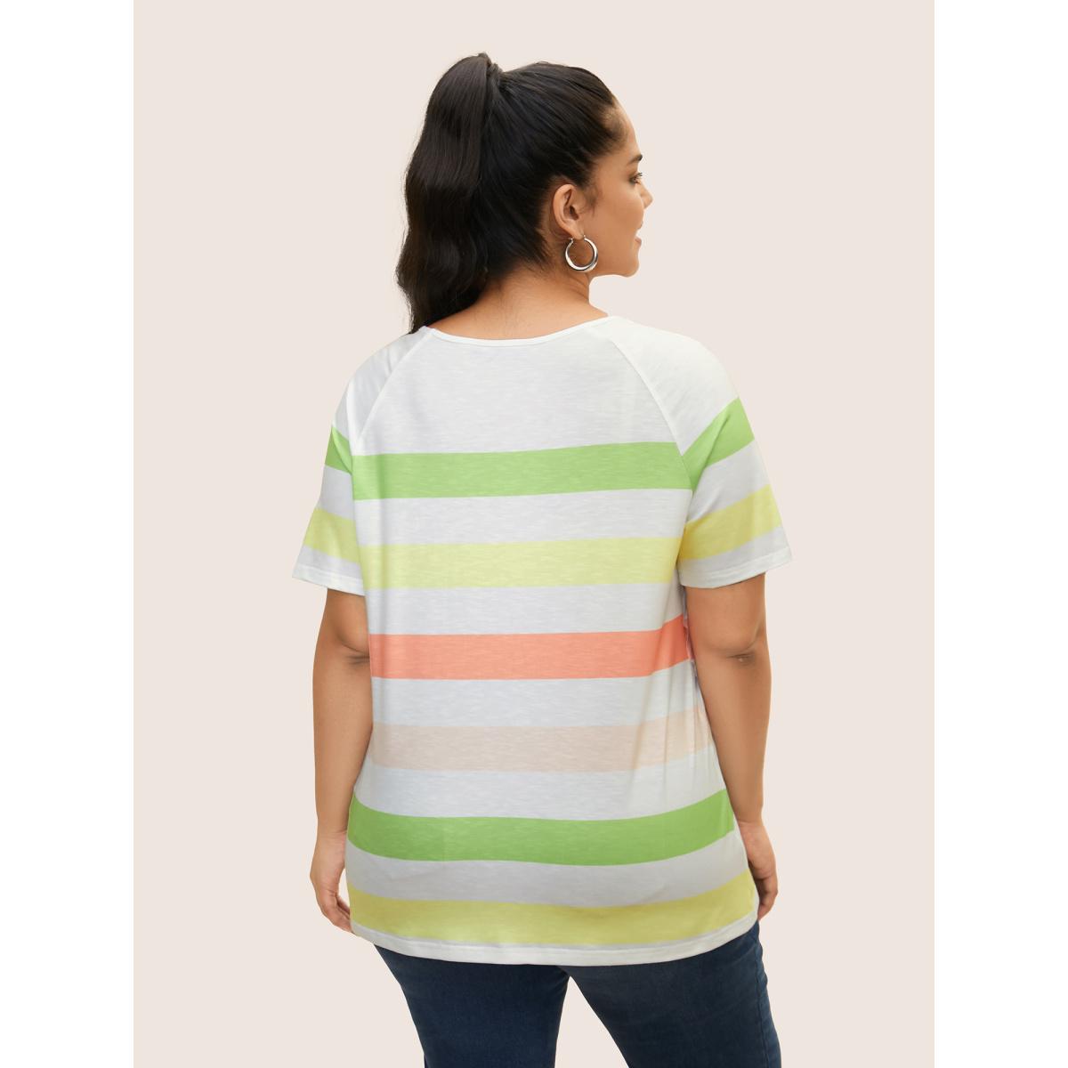 Plus Size Colored Striped Crew Neck Raglan Sleeve T-shirt Multicolor Women Casual Contrast Round Neck Everyday T-shirts BloomChic 12/L Product Image