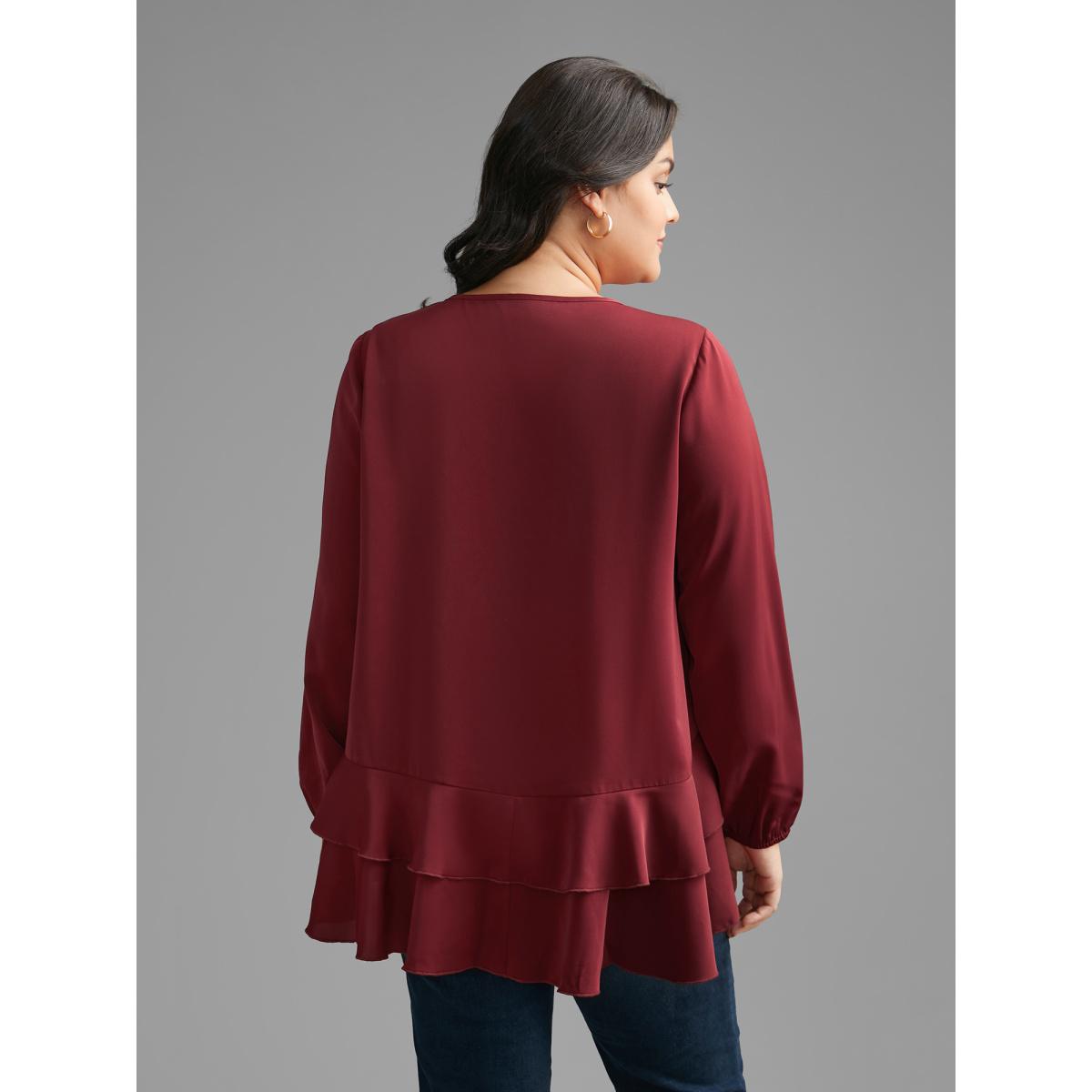 Plus Size Scarlet Plain Tiered Ruffle Hem Lantern Sleeve Blouse Women Elegant Long Sleeve Round Neck Everyday Blouses BloomChic 18-20/2X Product Image