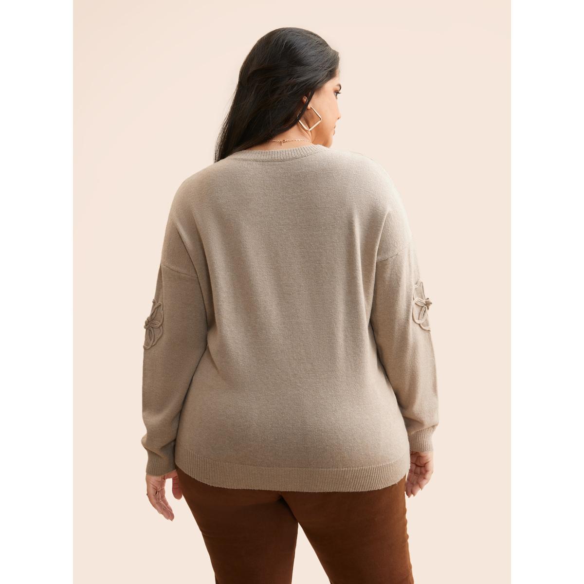 Plus Size Supersoft Essentials Stereo Flower Design Pullover Apricot Women Playful Loose Long Sleeve Round Neck Casual Pullovers BloomChic 12/L Product Image