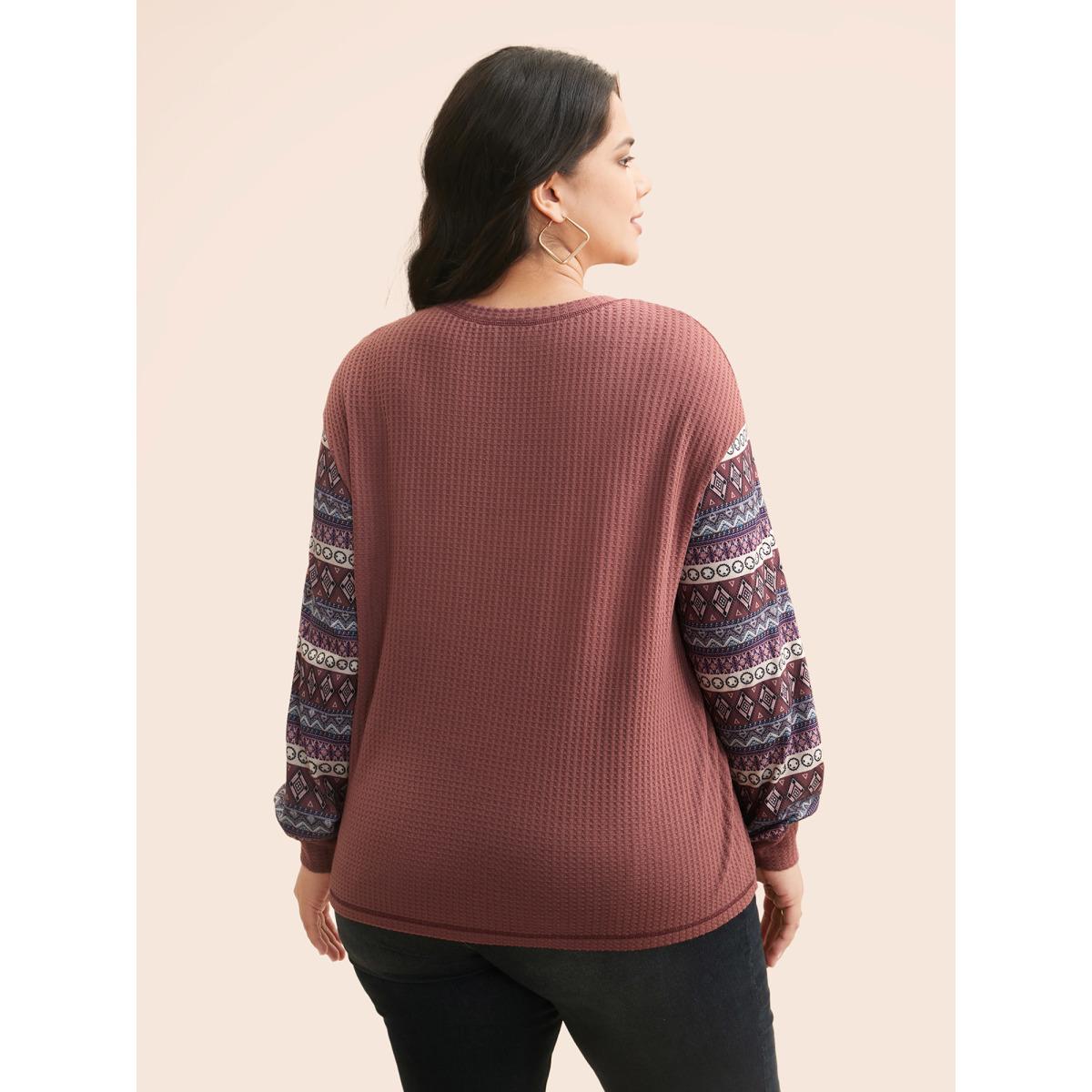 Plus Size Boho Print Patchwork Waffle Knit T-shirt DustyPink Women Casual Texture Round Neck Everyday T-shirts BloomChic 30/6X Product Image