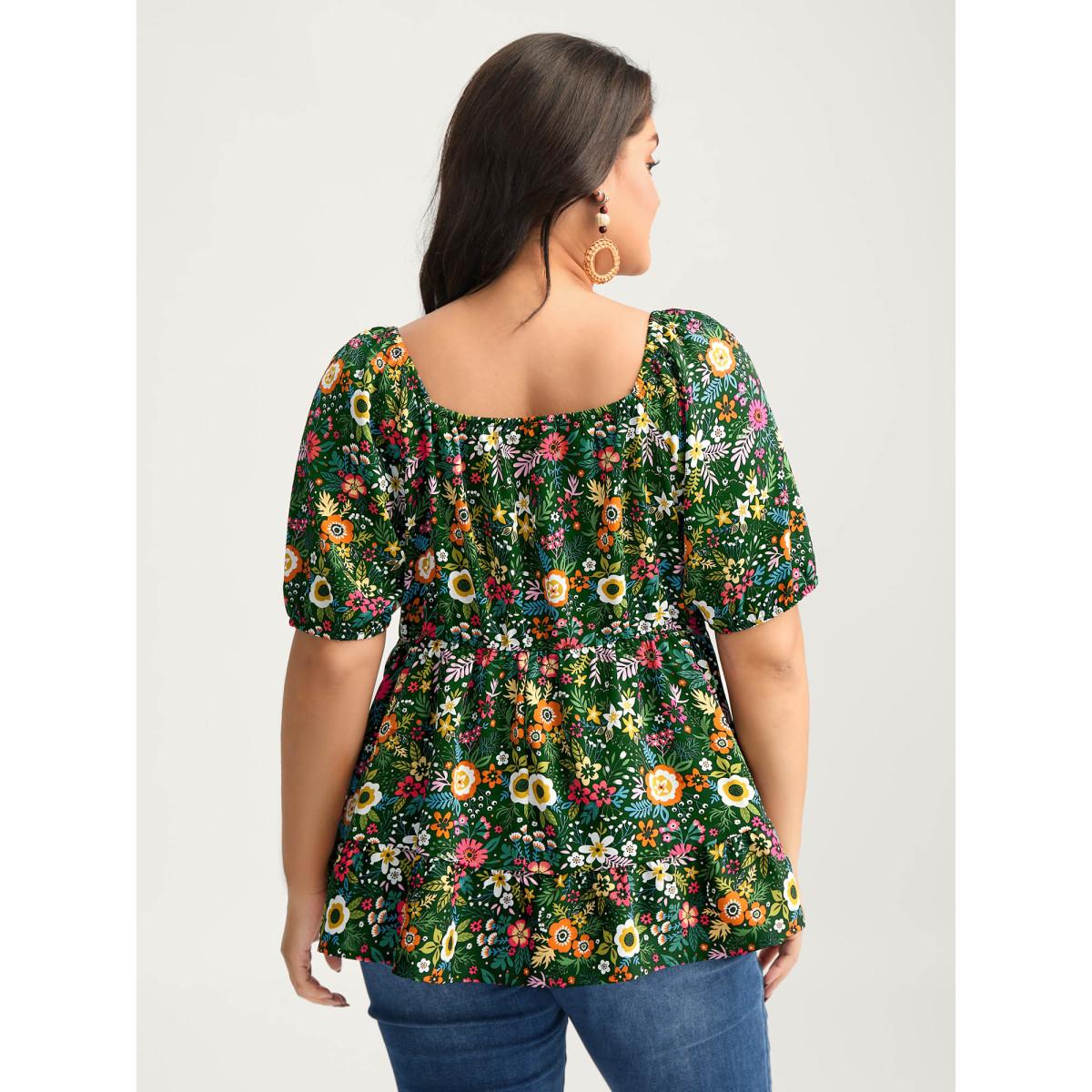 Plus Size DarkGreen Floral Square Neck Fit and Flare Blouse Women Playful Short sleeve Square Neck Vacation Blouses BloomChic 30/6X Product Image