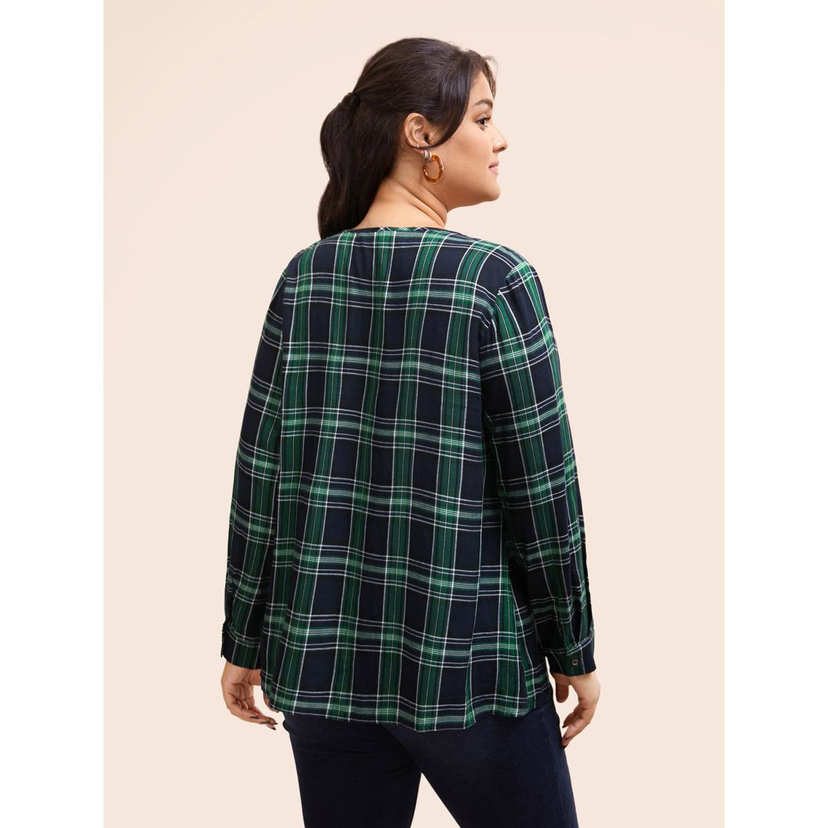 Plus Size DarkGreen V Neck Plaid Button Detail Blouse Women Casual Long Sleeve V-neck Everyday Blouses BloomChic 22-24/3X Product Image