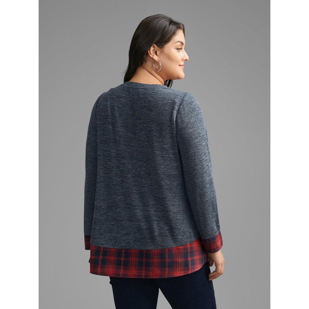 Plus Size Round Neck Plaid Patchwork Heather T-shirt Indigo Women Casual Contrast Round Neck Loose Everyday T-shirts BloomChic 18-20/2X Product Image