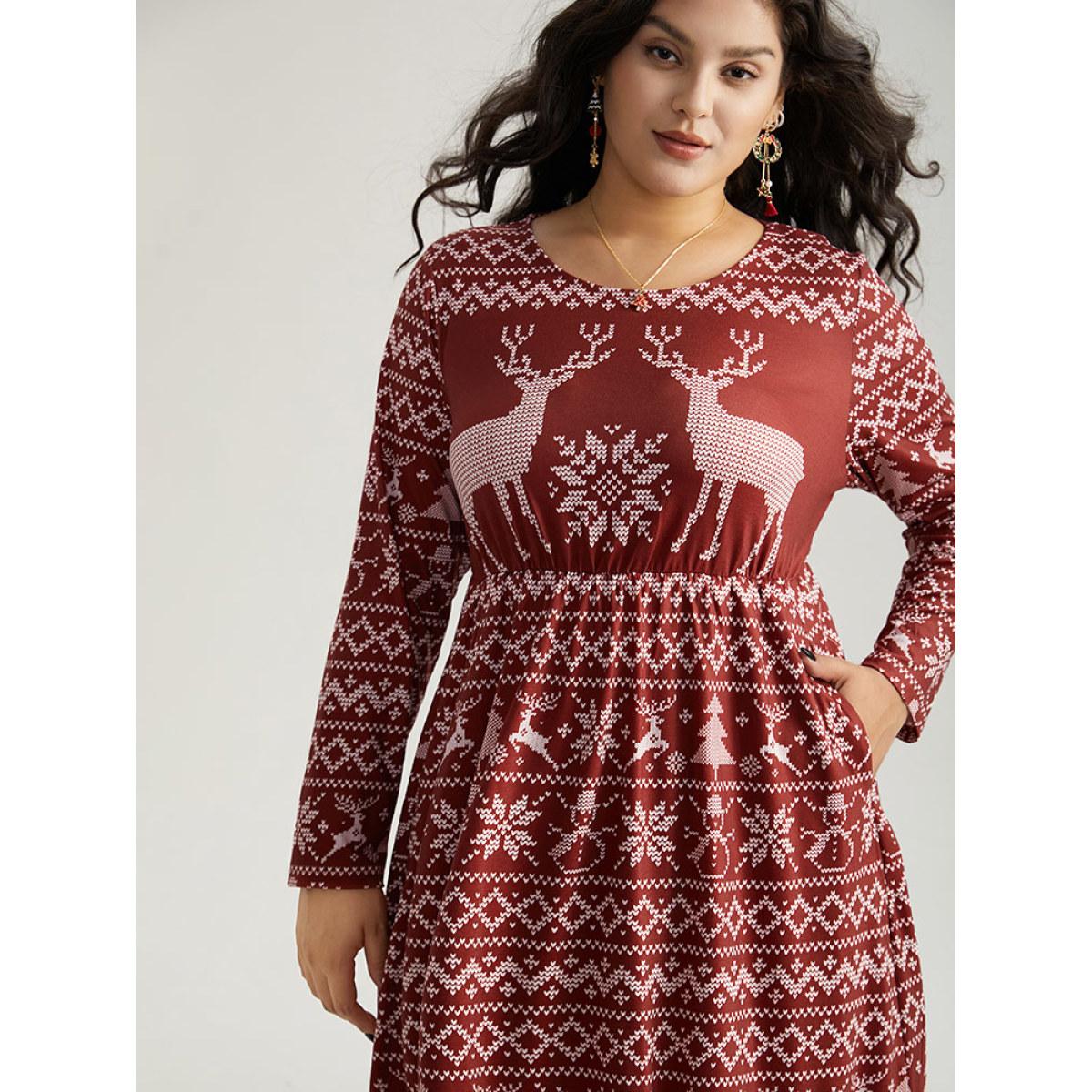 Plus Size Christmas Elk Gathered Ruffle Layered Hem Dress Scarlet Women Casual Printed Round Neck Long Sleeve Curvy Midi Dress BloomChic 14-16/1X Product Image