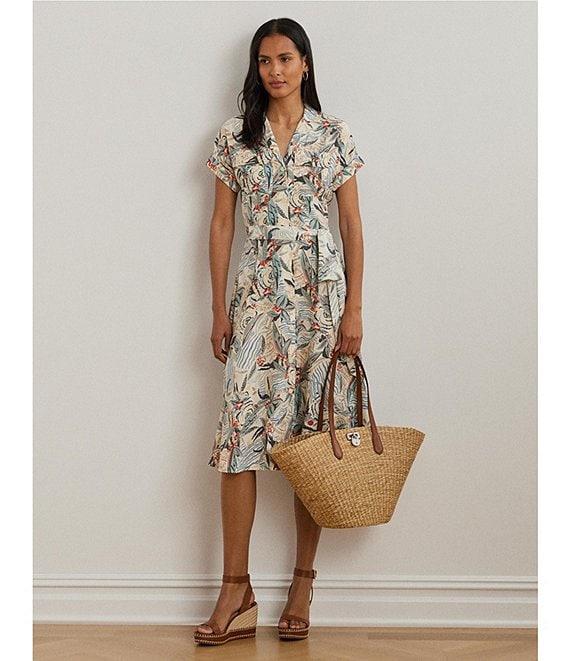Lauren Ralph Lauren Crepe de Chine Abstract Print Camp Collar Short Sleeve Belted Shirt Dress Product Image