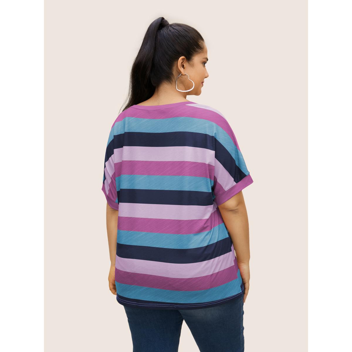 Plus Size Colored Striped Crew Neck Batwing Sleeve T-shirt Lilac Women Casual Contrast Round Neck Everyday T-shirts BloomChic 18-20/2X Product Image