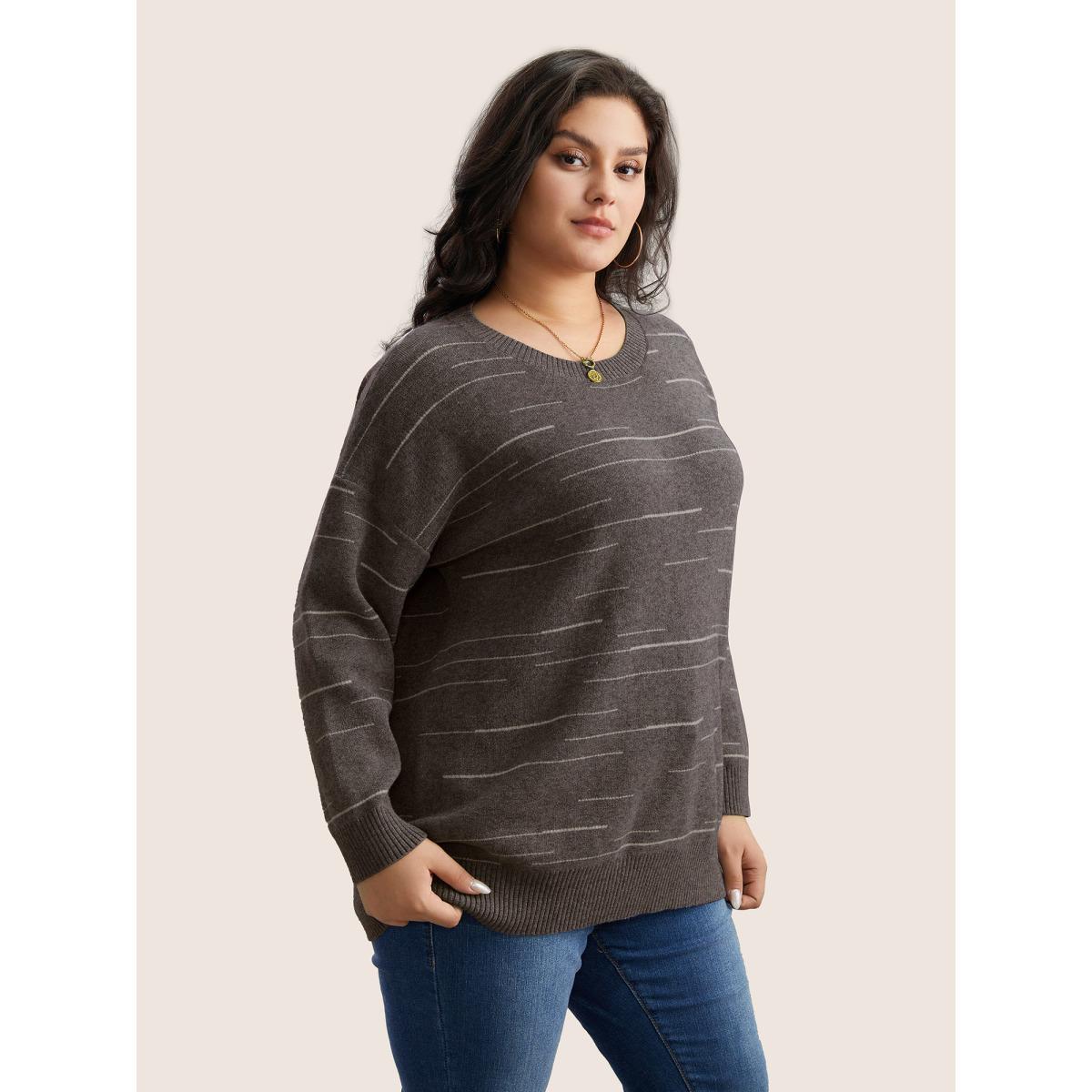 Plus Size Supersoft Essentials Asymmetrical Striped Round Neck Pullover DarkBrown Women Casual Long Sleeve Round Neck Everyday Pullovers BloomChic 10/M Product Image