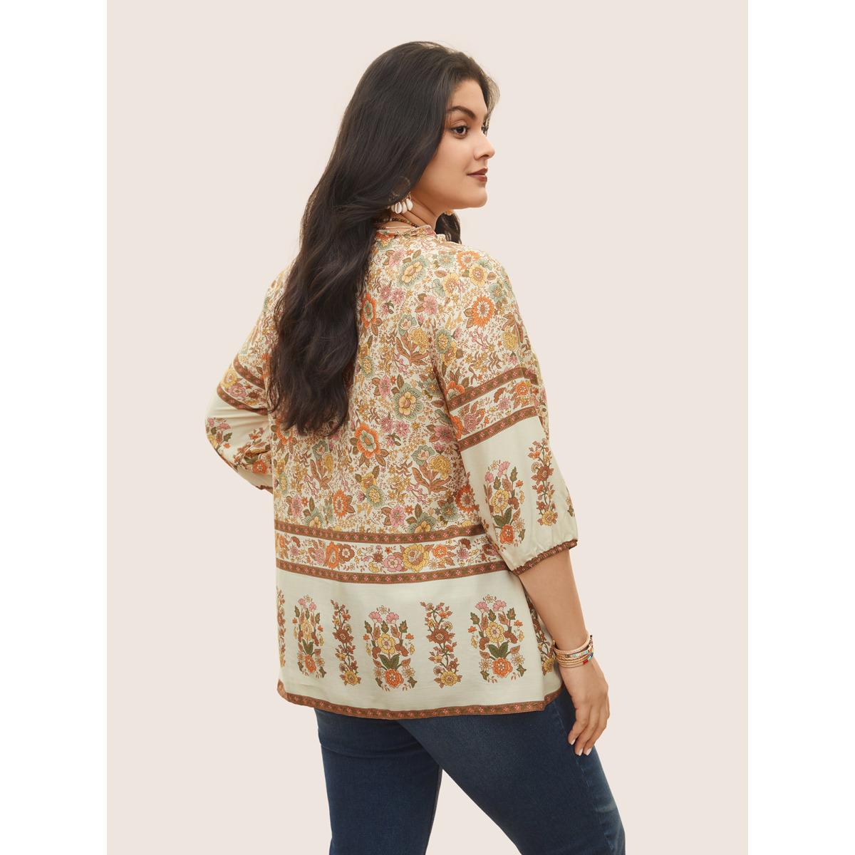Plus Size Apricot Rayon Boho Print Button Detail Tie Neck Blouse Women Resort Elbow-length sleeve Notched collar Vacation Blouses BloomChic 10/M Product Image