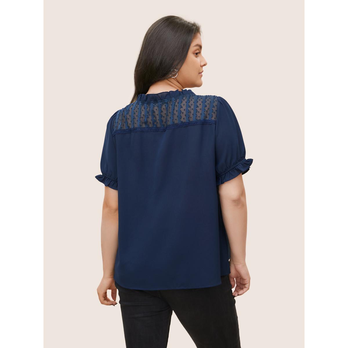 Plus Size Indigo Plain Mesh Lace Patchwork Pleated Frill Trim Blouse Women Casual Short sleeve Stand-up collar Everyday Blouses BloomChic 12/L Product Image