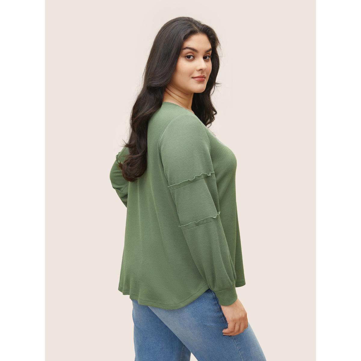 Plus Size Plain Texture Waffle Knit Arc Hem T-shirt Mint Women Casual Texture Plain Round Neck Everyday T-shirts BloomChic 12/L Product Image