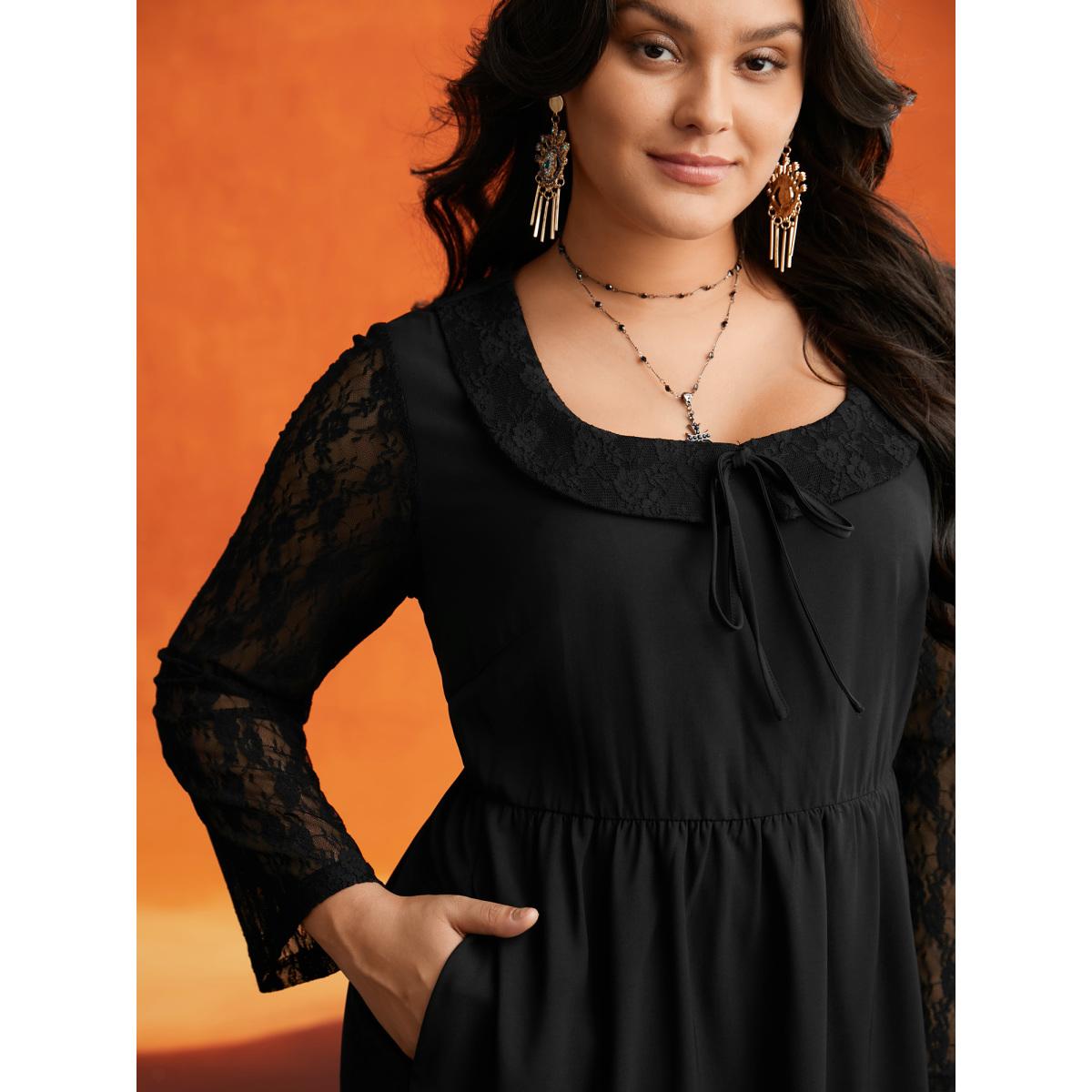 Plus Size Spellbound Lace Sleeves Square Neckline Midi Dress Black Women Cocktail Woven ribbon&lace trim Party Curvy Bloomchic 10/M Product Image