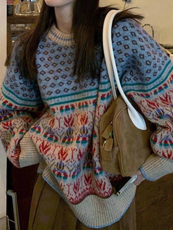 Vintage Jacquard Splice Knit Sweater Product Image