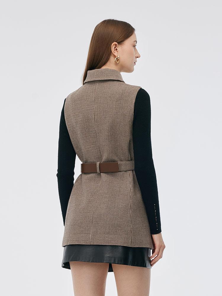 100% Washable Wool Beige Check Cape And Vest Two-Piece Set With Belt Product Image