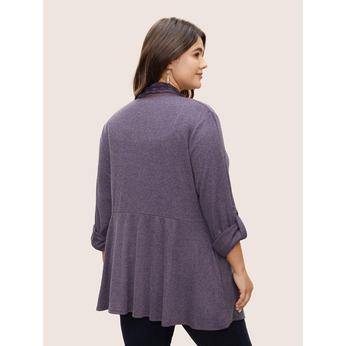 Plus Size Lace Panel Roll Tab Sleeve Open Front Kimono Women Mauve Elegant Woven ribbon&lace trim Everyday Kimonos BloomChic 10/M Product Image