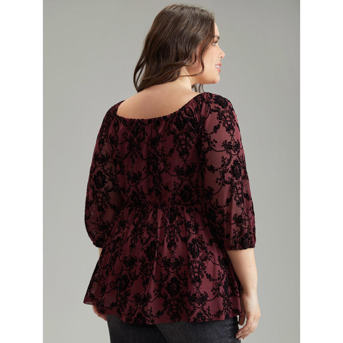 Plus Size Scarlet Silhouette Floral Print Contrast Flocking Square Neck Blouse Women Elegant Elbow-length sleeve Square Neck Everyday Blouses BloomChic 26/4X Product Image