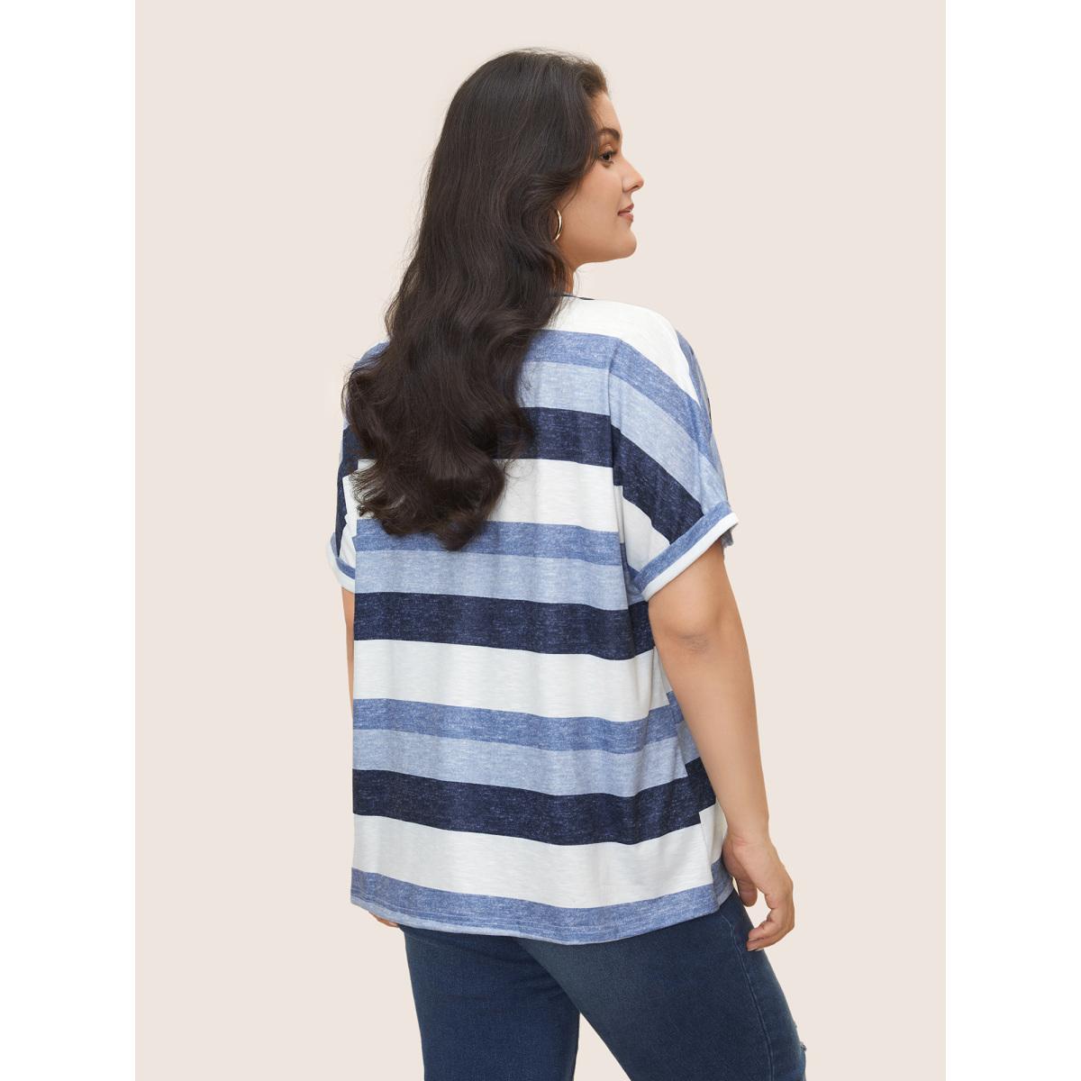Plus Size Stripes Dolman Sleeve Patch Pocket T-shirt Blue Women Casual V-neck Everyday T-shirts BloomChic 26/4X Product Image