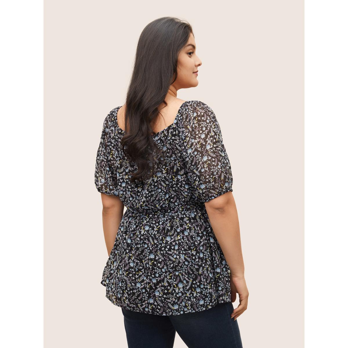 Plus Size Indigo Ditsy Floral Mesh Square Neck Layered Hem Blouse Women Elegant Short sleeve Square Neck Everyday Blouses BloomChic 18-20/2X Product Image