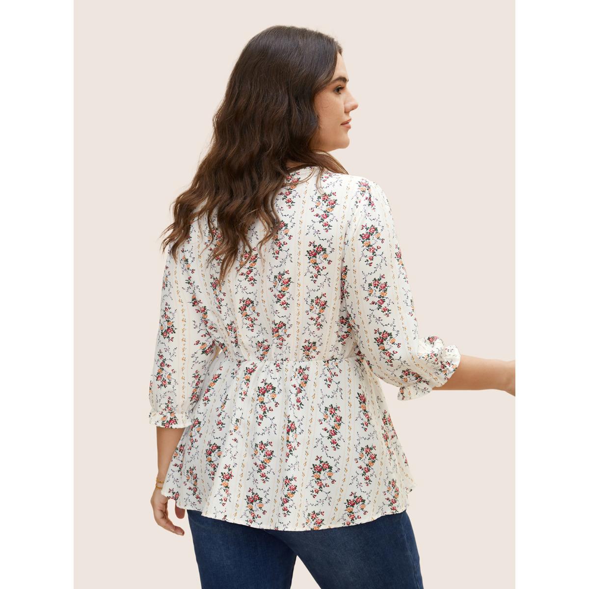 Plus Size Originalwhite Boho Print O Ring Zipper Lantern Sleeve Blouse Women Elegant Elbow-length sleeve V-neck Everyday Blouses BloomChic 14-16/1X Product Image