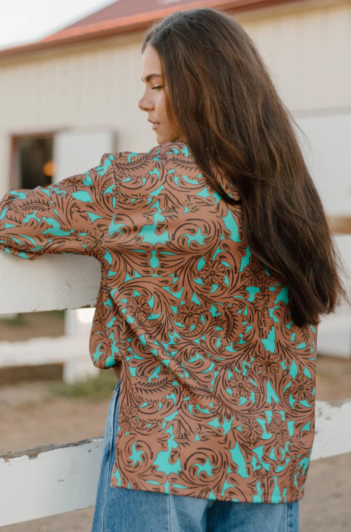Sterling Kreek Turquoise Tooled Mock Neck Top Product Image