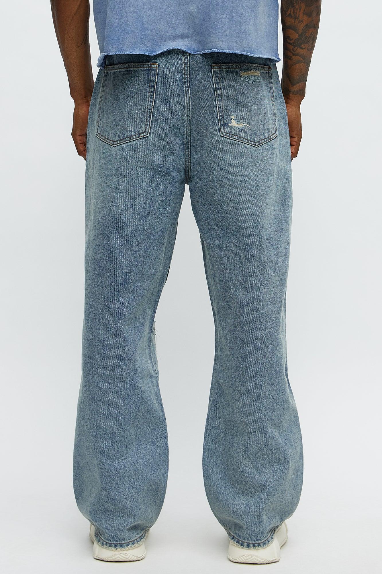 Baggy Scattered Distressed Jeans - Medium Blue Wash Male Product Image