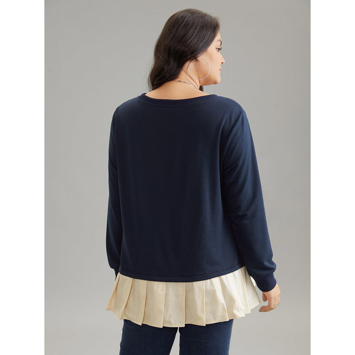 Plus Size 2-In-1 Two Tone Pleated Hem Sweatshirt Women Navy Casual Rib Knit Round Neck Dailywear Sweatshirts BloomChic 30/6X Product Image