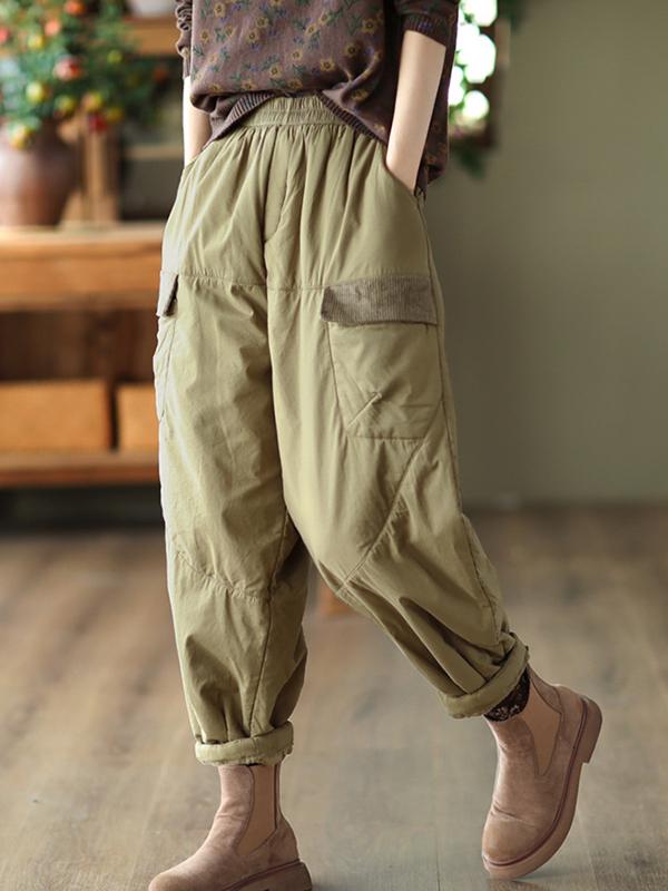 Vintage Loose Split-Joint Solid Color Elastic Waist Padded Harem Pants Product Image
