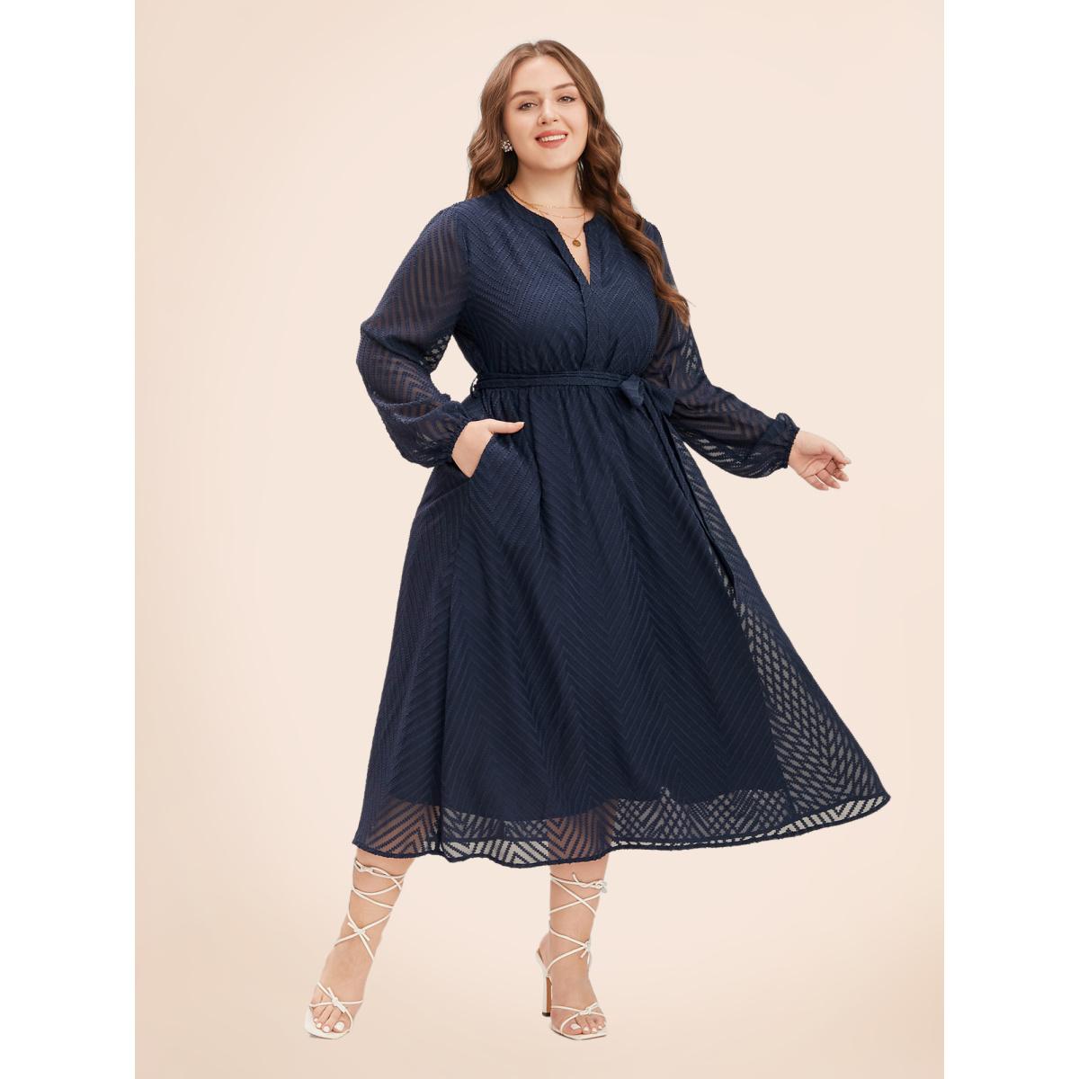 Plus Size Solid Geometric Pocket Mesh Lantern Sleeve Belted Dress Navy Women Office Pocket Flat collar with V-notch Short sleeve Curvy Midi Dress BloomChic 22-24/3X Product Image