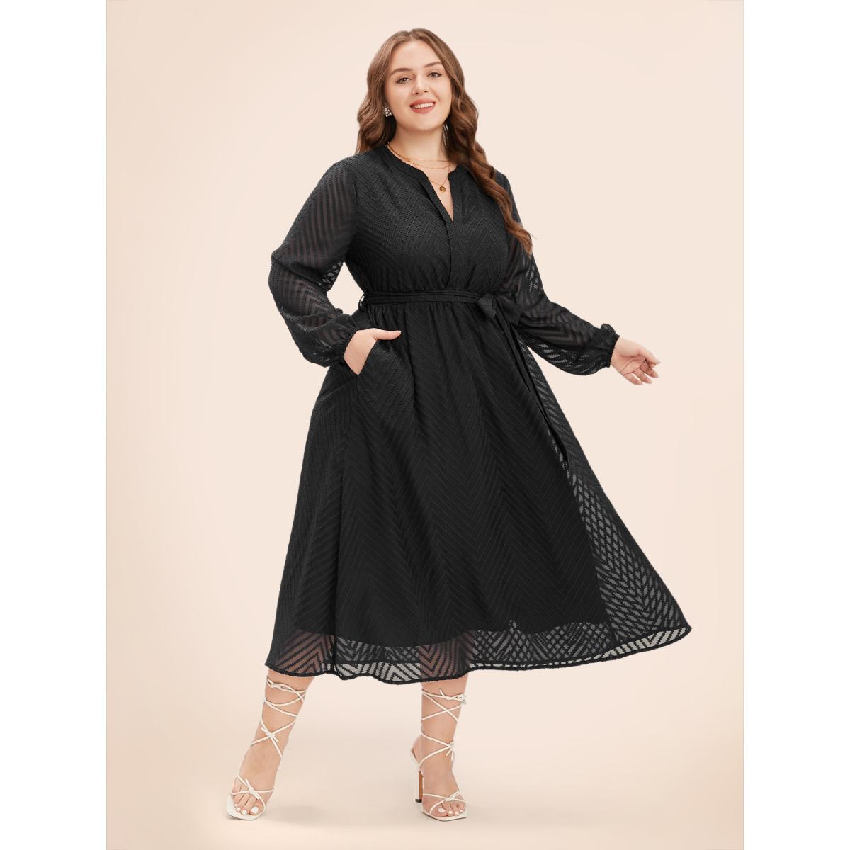 Plus Size Solid Geometric Pocket Mesh Lantern Sleeve Belted Dress Navy Women Office Pocket Flat collar with V-notch Short sleeve Curvy Midi Dress BloomChic 22-24/3X Product Image