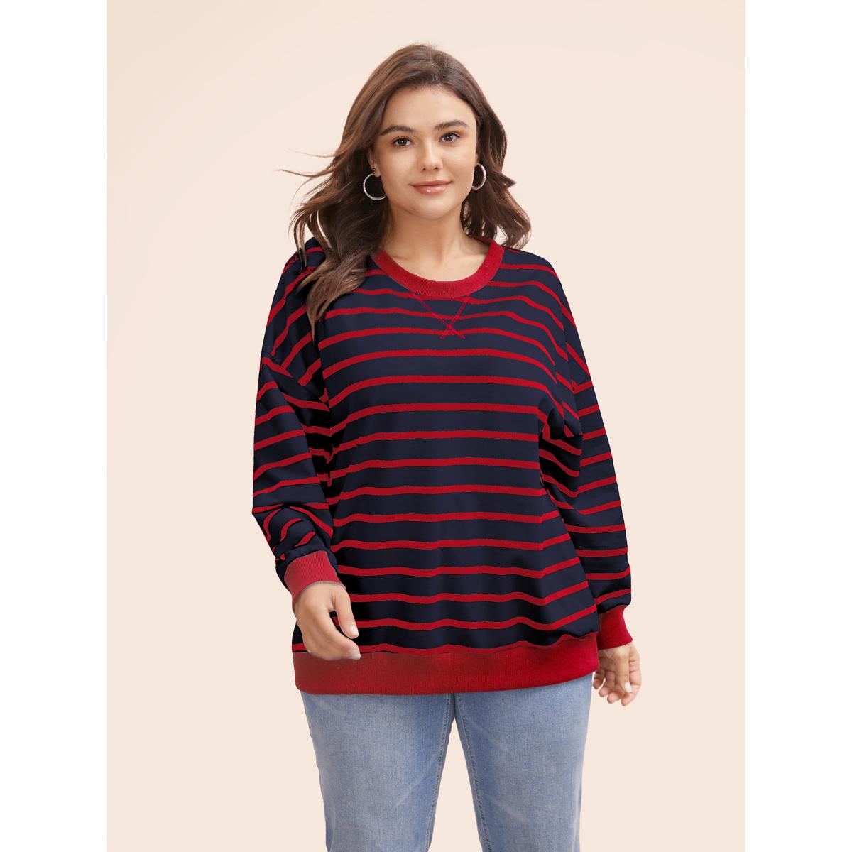 Plus Size Striped Contrast Trim Stitch Sweatshirt Women Indigo Casual Topstitching Round Neck Everyday Sweatshirts BloomChic 22-24/3X Product Image