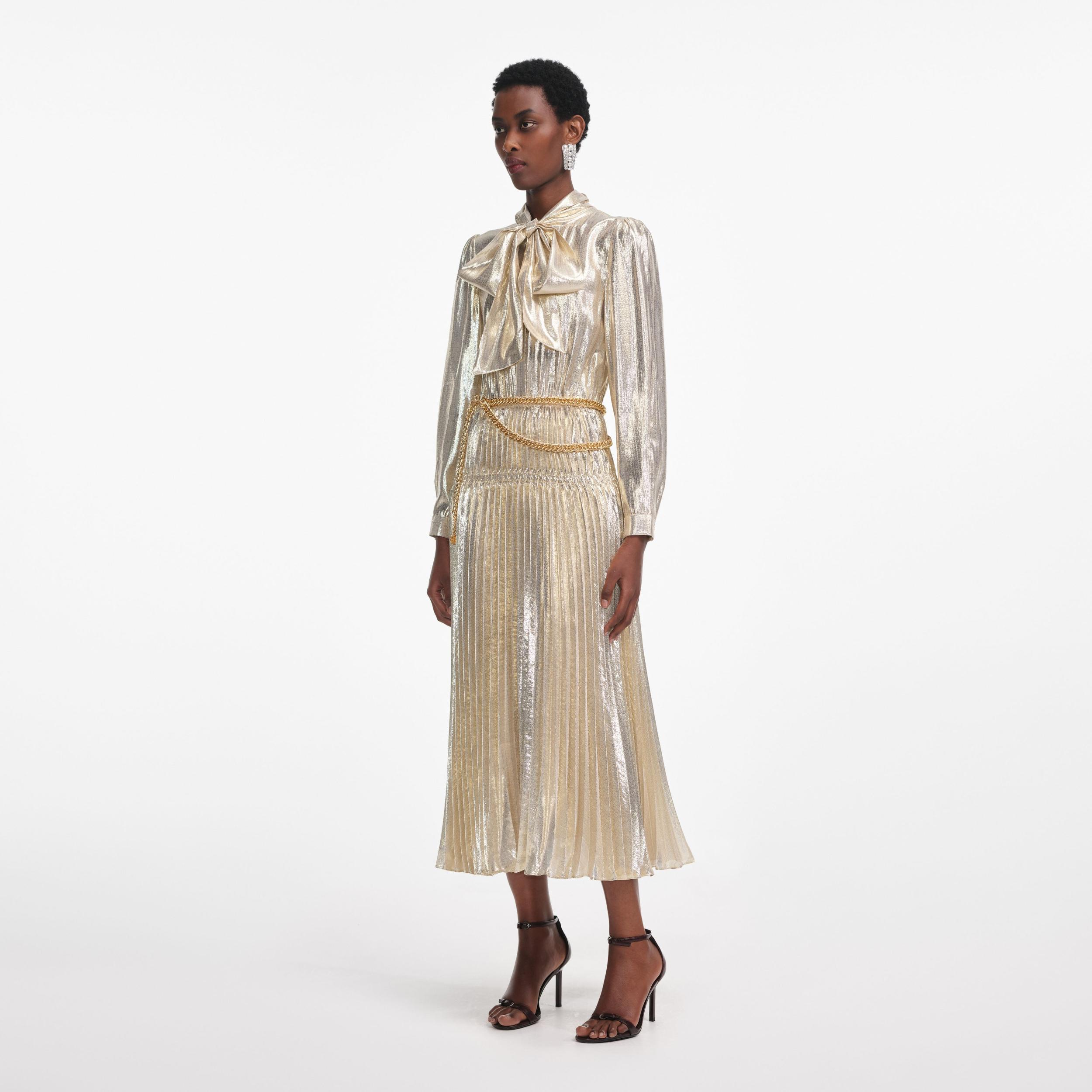 Gold Metallic Pussy Bow Midi Dress Product Image