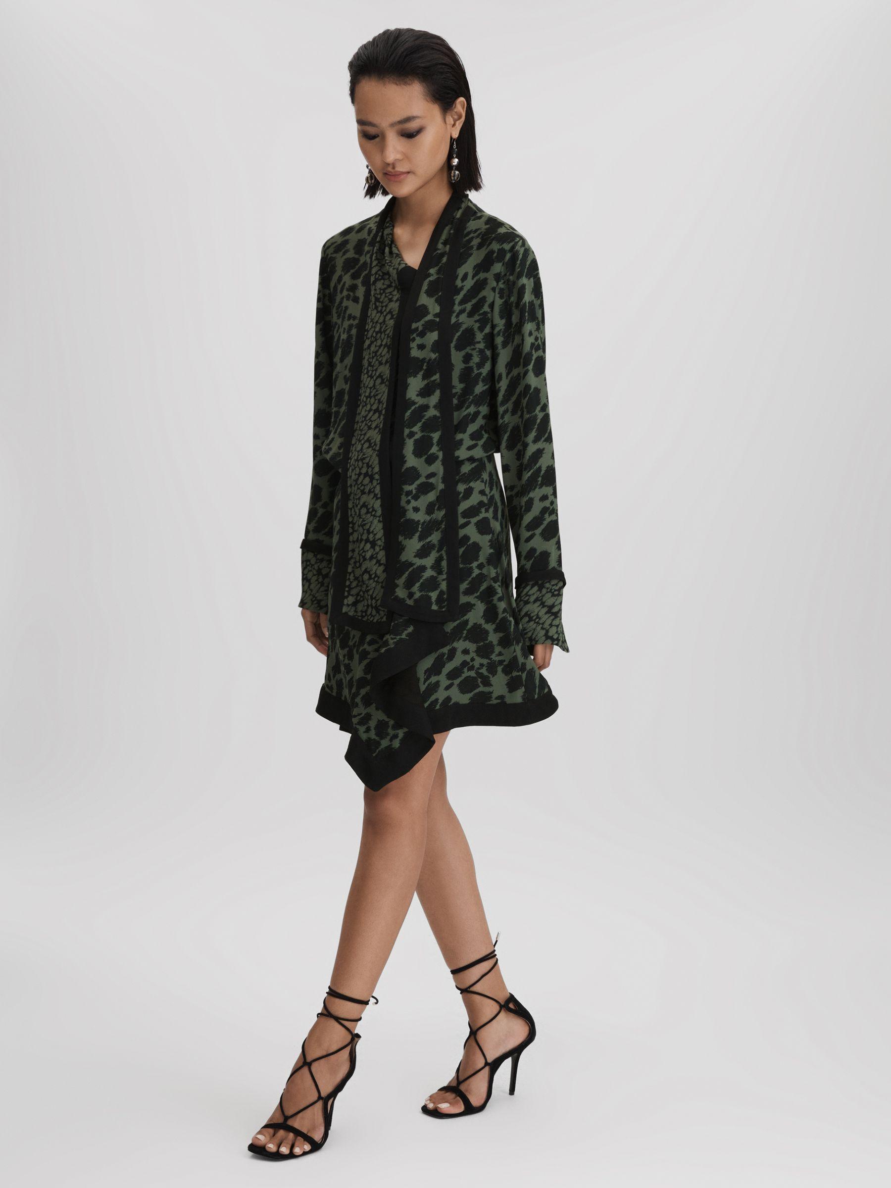 Printed Tie Neck Mini Dress in Black/Dark Khaki Product Image