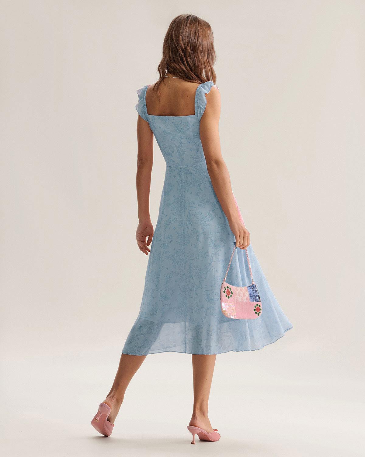 Blue Square Neck Ruffle Midi Dress Product Image