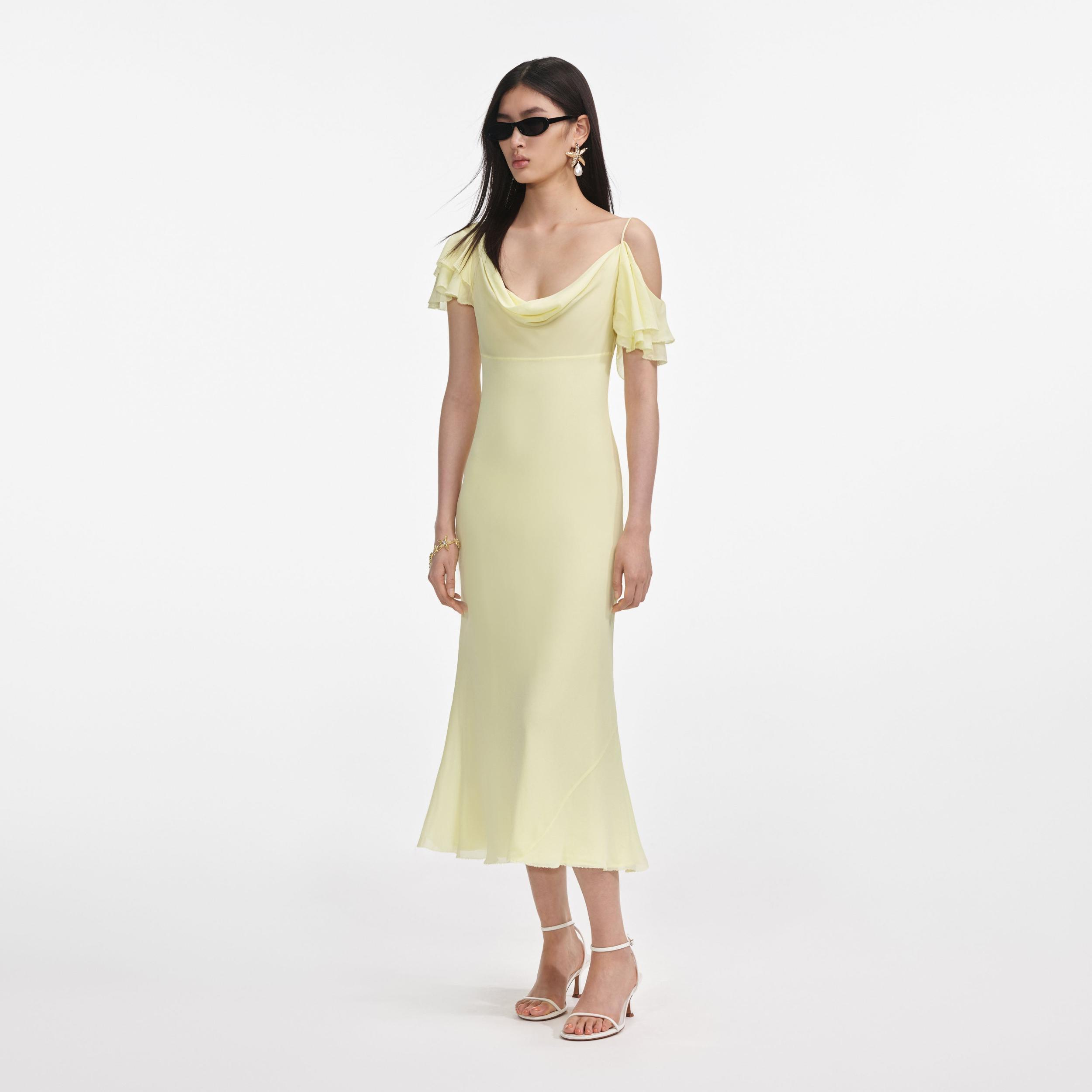 Yellow Georgette Frill Midi Dress Product Image