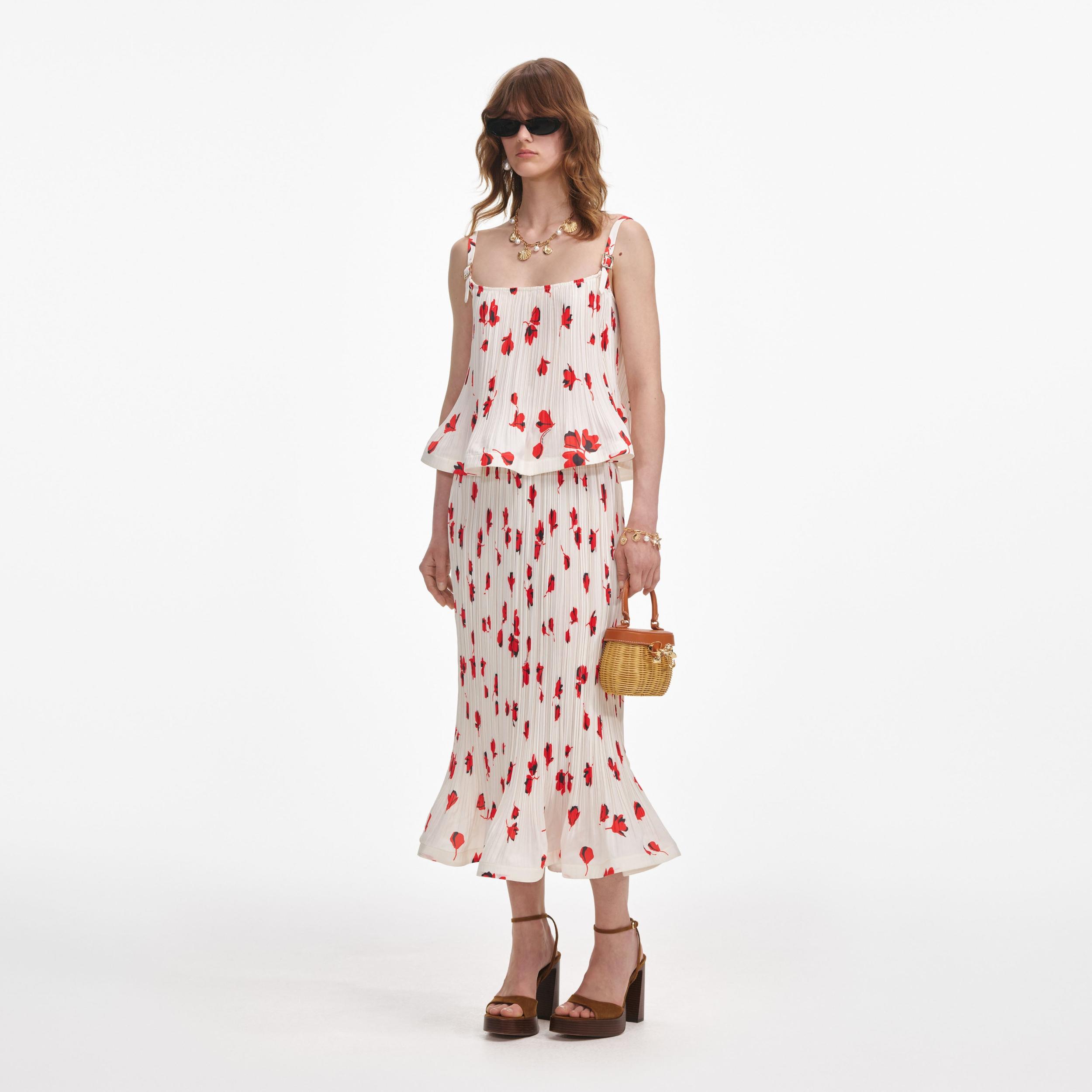 White Floral Plisse  Midi Skirt Product Image