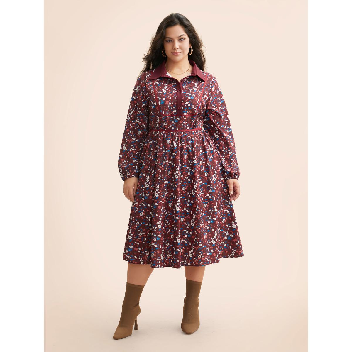 Plus Size Ditsy Floral Woven Ribbon Button Up Dress Burgundy Women Casual Woven ribbon&lace trim Shirt collar Extra Long Sleeve Curvy BloomChic 28/5X Product Image