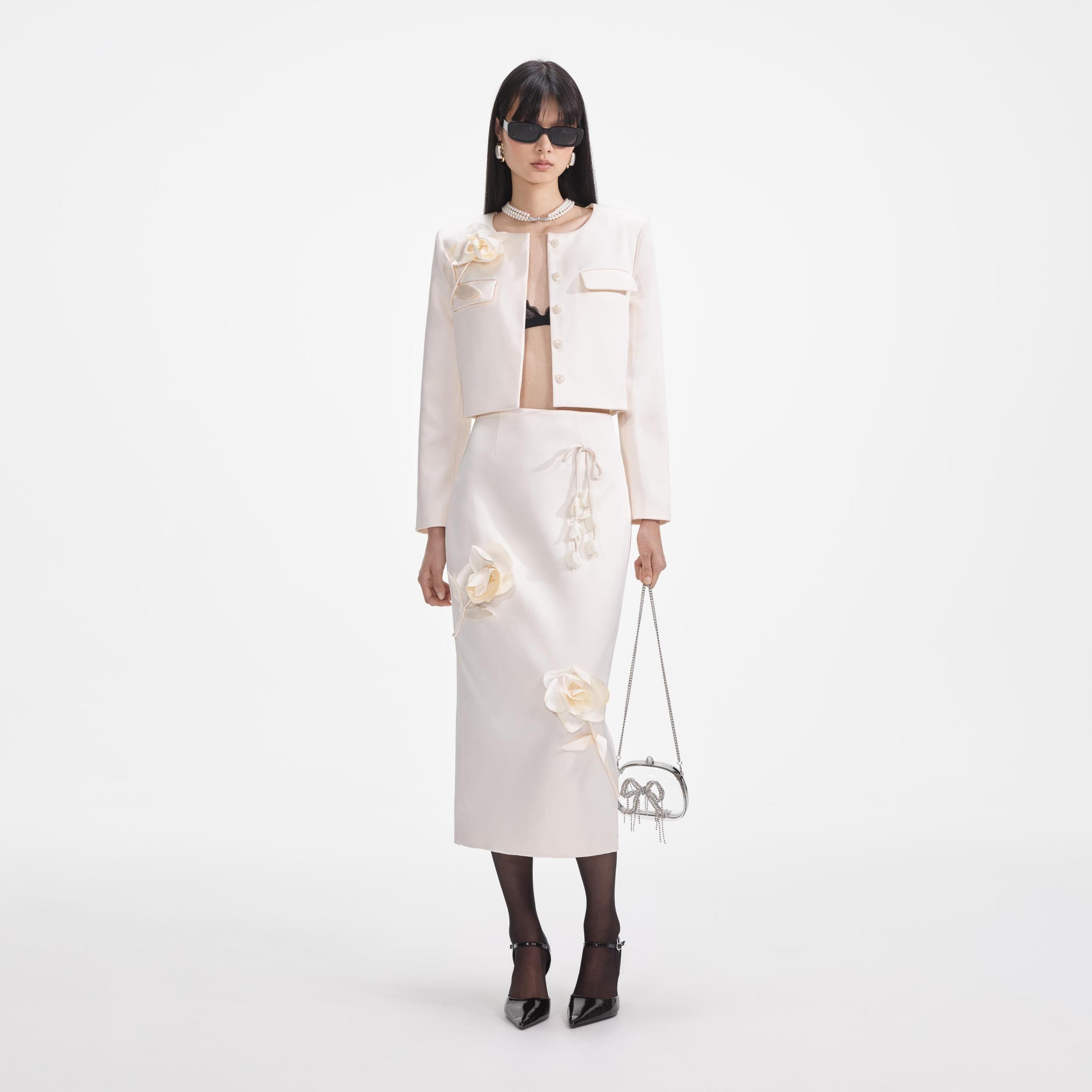 Cream 3D Flower Satin Midi Skirt Product Image