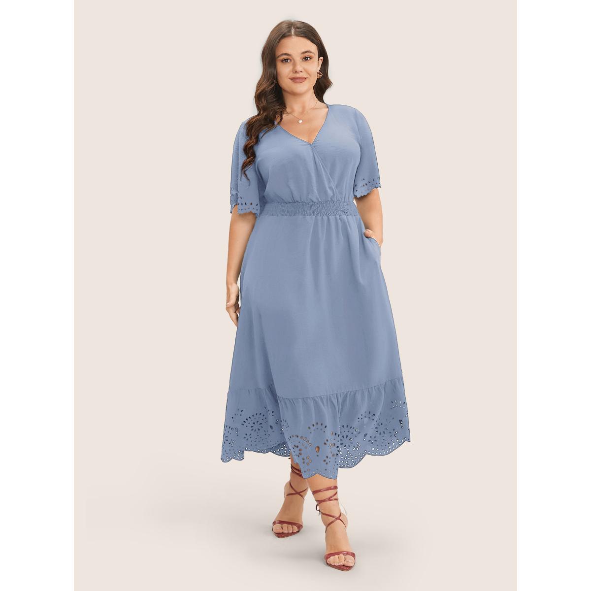 Plus Size Solid Laser Cut Shirred Pocket Wrap Scalloped Trim Flutter Dress LightBlue Women Elegant Non V-neck Short sleeve Curvy Midi Dress BloomChic 28/5X Product Image