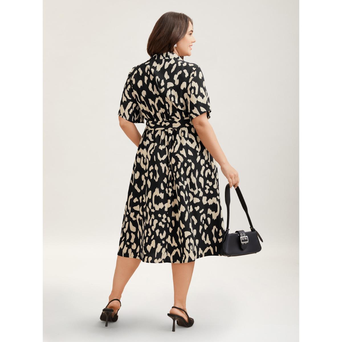 Plus Size Waist-Tie Pockets Shirt Collar Midi Dress Black Women At the Office Belted Shirt collar Short sleeve Curvy BloomChic 30/6X Product Image