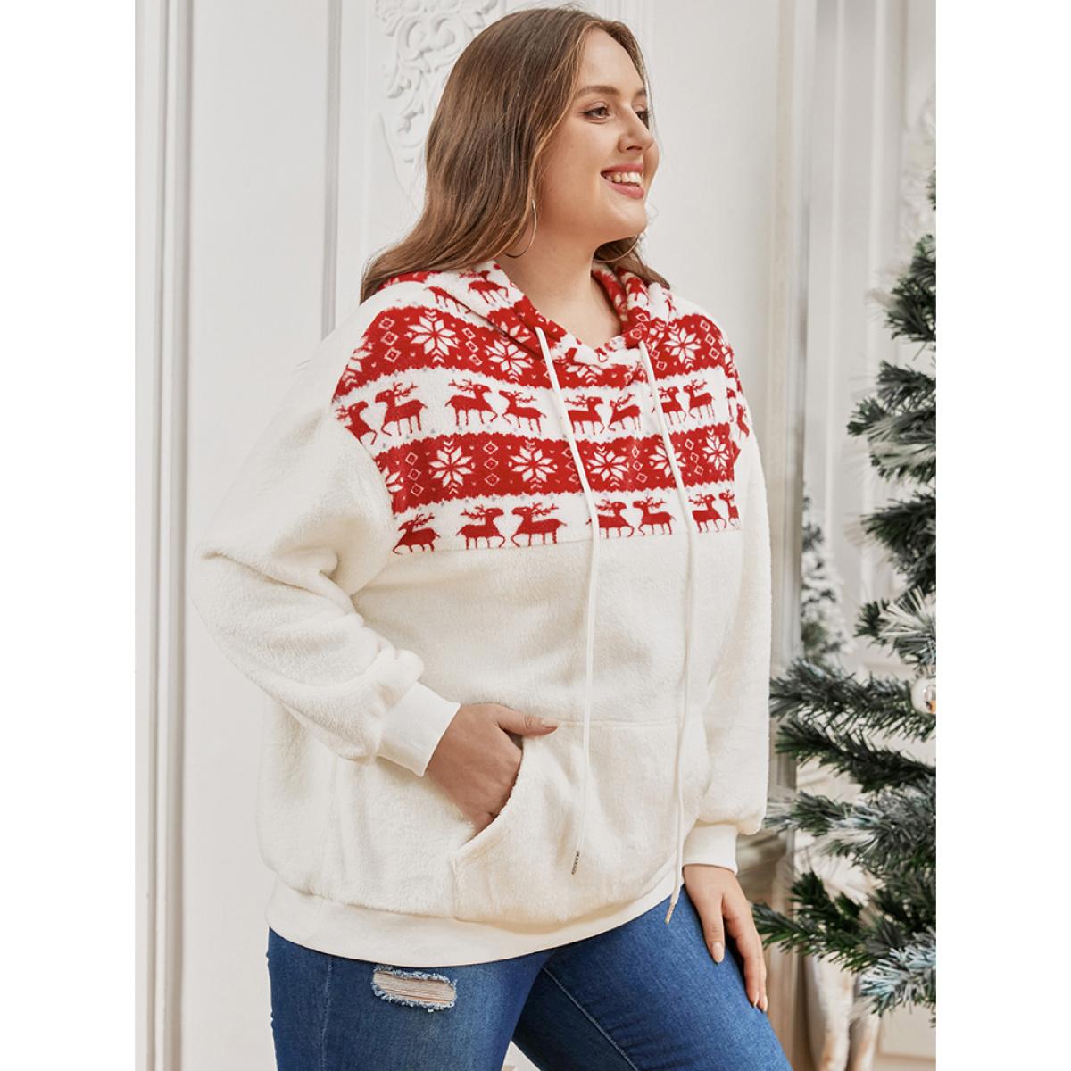 Plus Size Elk & Snowflake Print Pocket Drawstring Hooded Sweatshirt Women Multicolor Casual Patchwork Hooded Dailywear Sweatshirts BloomChic 26/4X Product Image