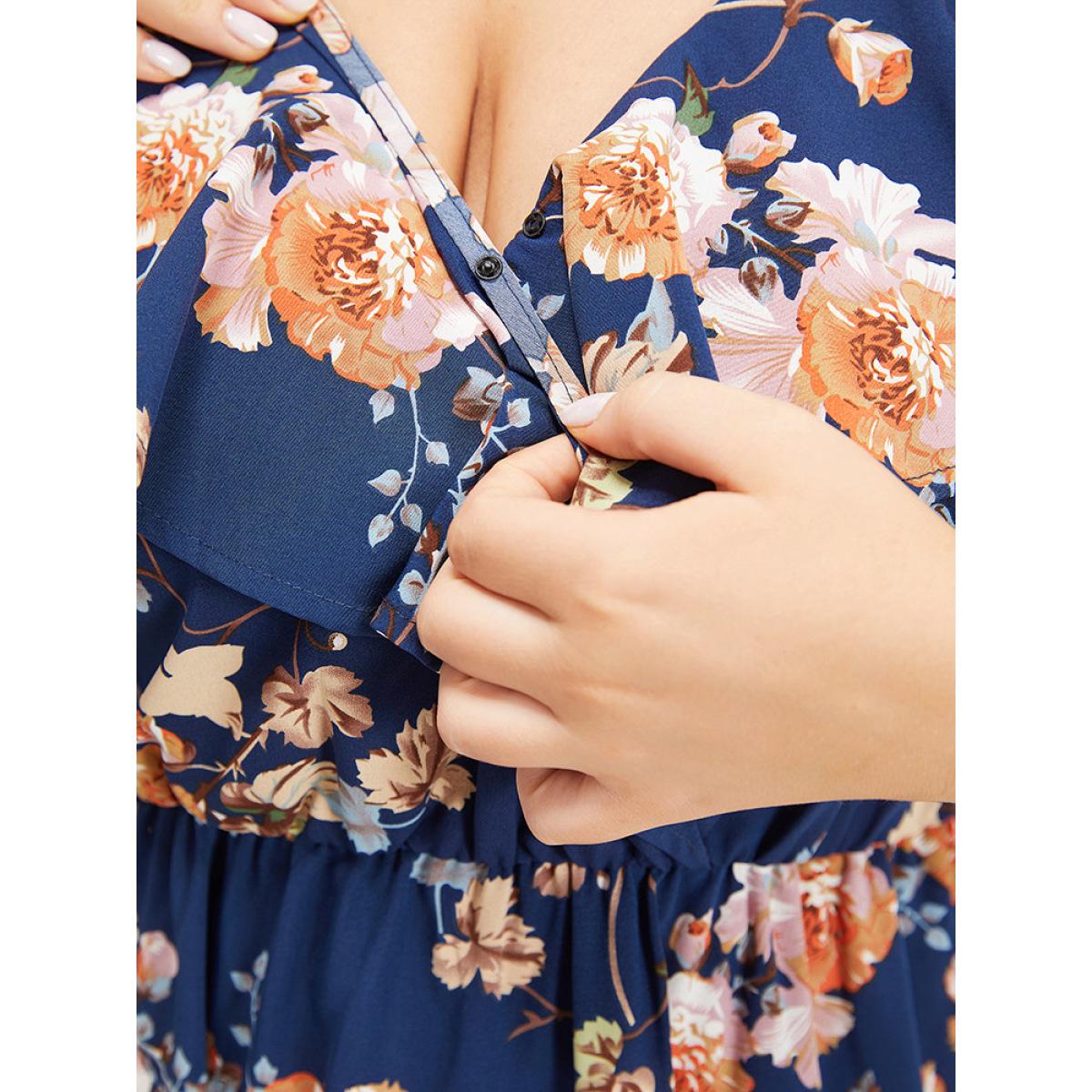 Plus Size Floral Print Ruffle Trim Elastic Waist Cold Shoulder Dress Indigo Women Elegant Adjustable Straps V-neck Short sleeve Curvy Midi Dress BloomChic 28/5X Product Image