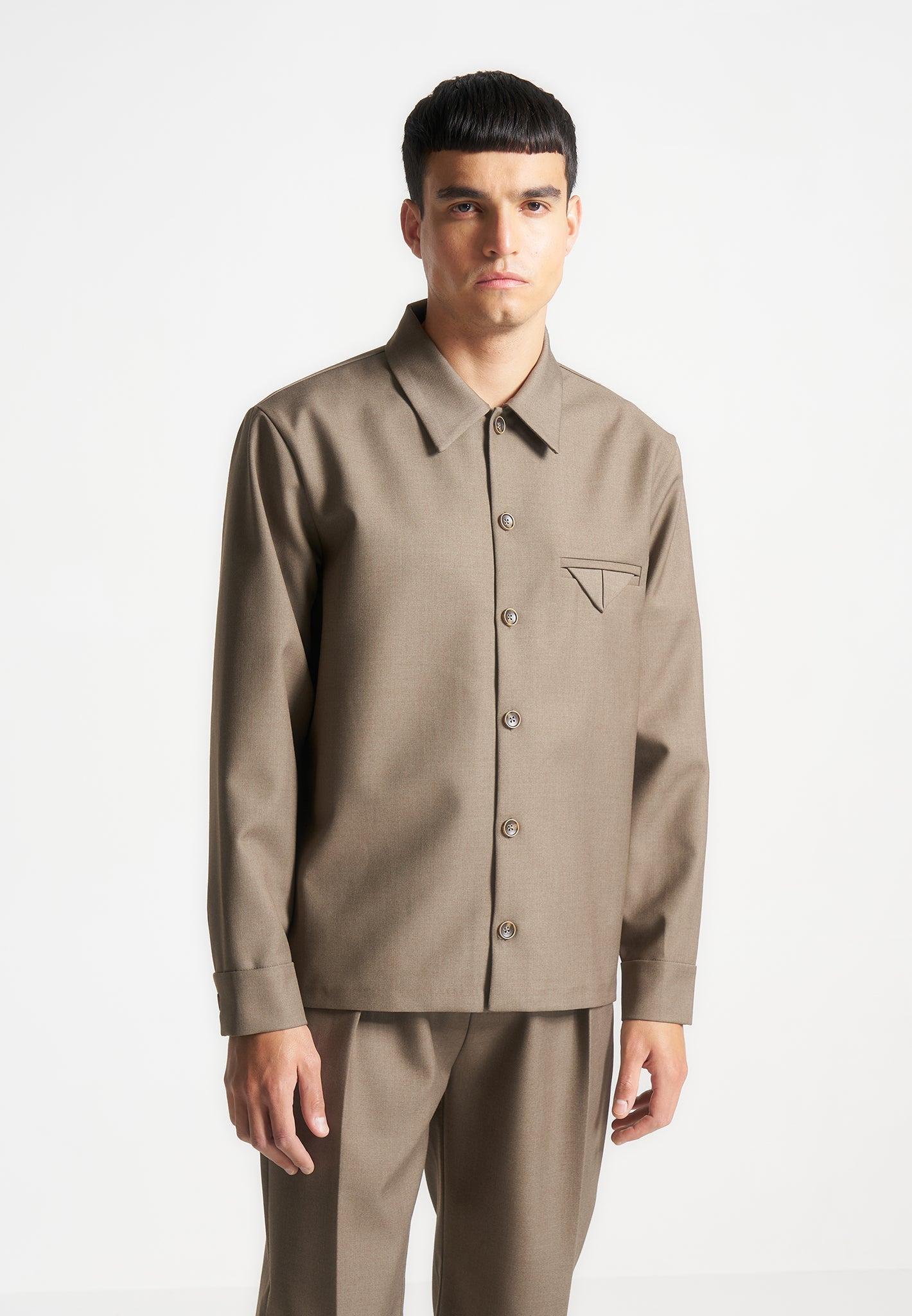 Leo - Hatched Tailored Long Sleeve Overshirt - Khaki Male Product Image