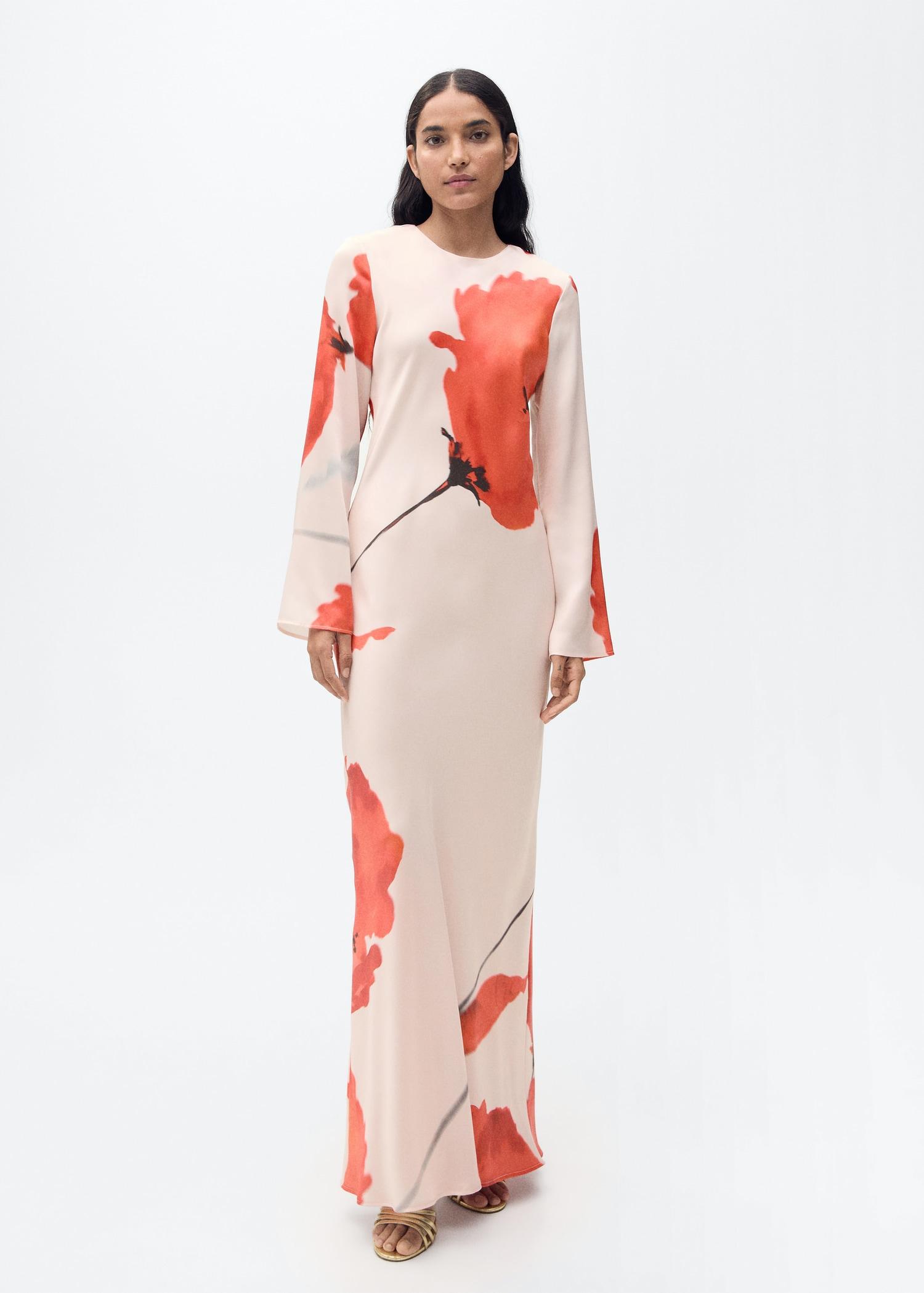 Satin dress with floral print - Women | MANGO USA Product Image