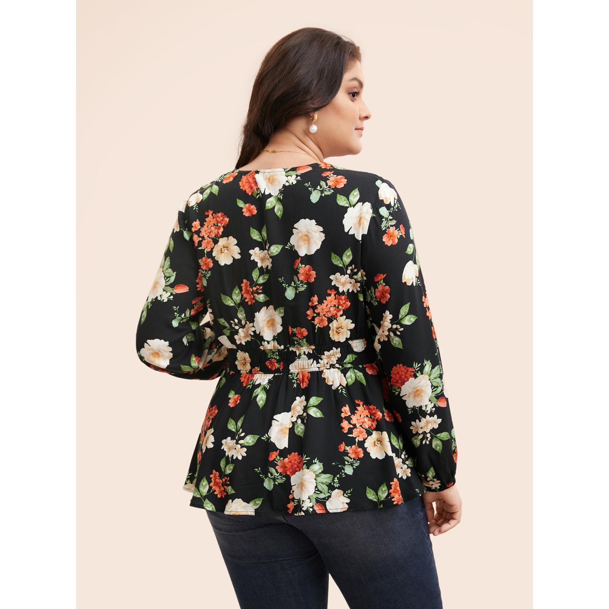 Plus Size Black Floral Elastic Waist Lantern Sleeve Blouse Women Elegant Long Sleeve V-neck Everyday Blouses BloomChic 22-24/3X Product Image